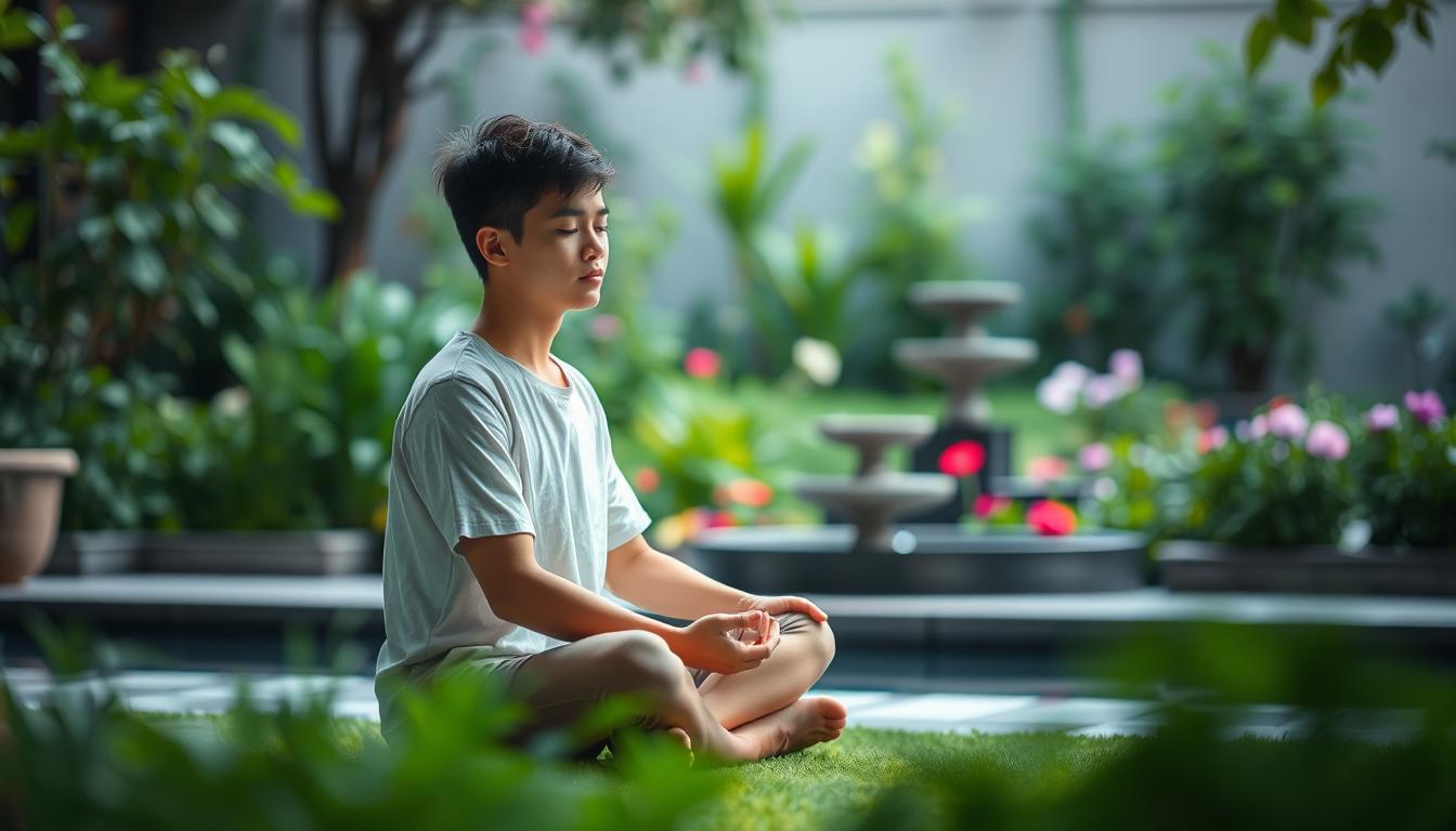 A serene, tranquil scene of a young person practicing mindfulness and stress management techniques. In the foreground, the figure sits cross-legged, eyes closed, hands resting peacefully in their lap. Soft, diffused lighting illuminates their face, conveying a sense of inner calm and focus. In the middle ground, a lush, verdant garden with soothing water features and vibrant flowers provides a calming backdrop. The background is blurred, emphasizing the subject's introspective state. The overall atmosphere is one of serenity, balance, and emotional well-being, reflecting the importance of managing stress and emotions for a healthy lifestyle.