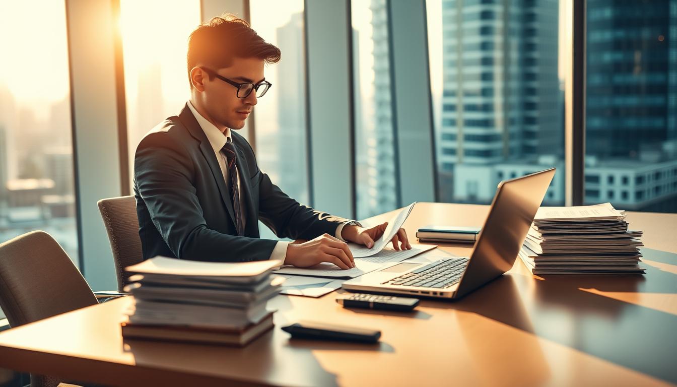 A serene, professional office setting with a focus on a young, smartly-dressed accountant working at a sleek, modern desk. The accountant is surrounded by stacks of financial documents, a laptop, and a calculator, indicating their deep engagement in financial analysis and reporting. Warm, directional lighting illuminates the scene, casting shadows that convey a sense of depth and structure. The background features a cityscape view through large windows, hinting at the broader business world the accountant is connected to. The overall atmosphere is one of focused productivity, competence, and the promising career opportunities available to skilled accounting professionals.