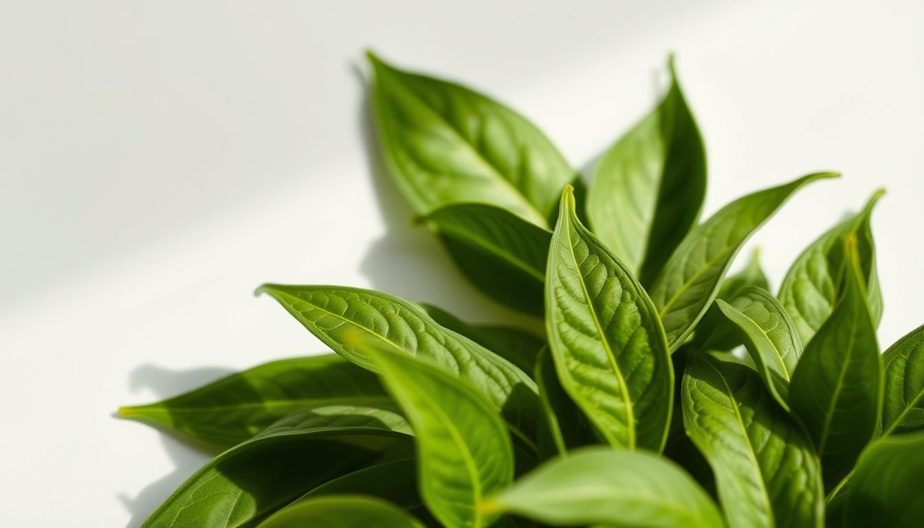 A close-up shot of a selection of green tea leaves, meticulously arranged against a clean, minimalist background. The leaves, in varying shades of green, appear vibrant and fresh, showcasing their natural texture and intricate veining. Soft, directional lighting from the side casts gentle shadows, emphasizing the depth and contours of the leaves. The composition is balanced and aesthetically pleasing, drawing the viewer's attention to the nutritional richness and visual appeal of the green tea foliage. The overall mood is one of purity, simplicity, and the natural goodness inherent in this healthy beverage.