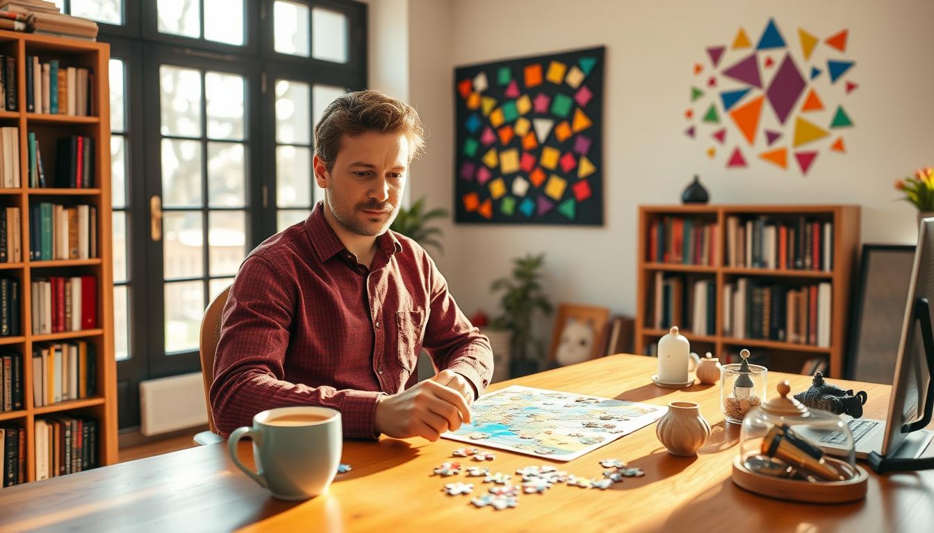 A cozy home office setting with a person sitting at a wooden desk, intently focused on a jigsaw puzzle. Warm natural lighting filters through large windows, casting a soft glow. Bookshelves line the walls, hinting at a love of learning. On the desk, a cup of steaming tea and a few mindfulness-themed trinkets create a sense of tranquility. The person's expression is one of calm concentration, reflecting the "enjoyable brain exercise" theme. In the background, a wall display showcases colorful geometric shapes, adding a playful, cerebral element to the scene.