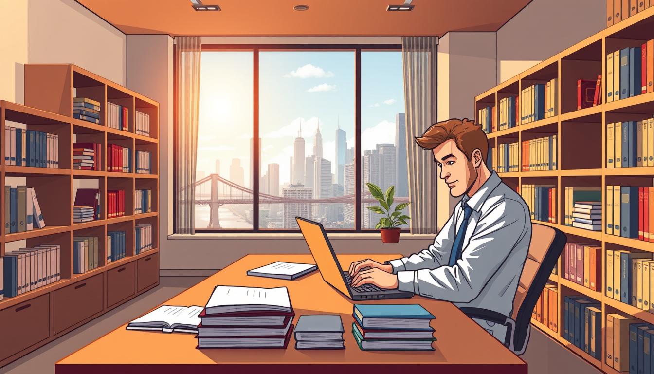 A modern office interior with a large window overlooking a city skyline. In the foreground, a professional translator works diligently at a sleek wooden desk, surrounded by neatly organized translation reference materials. Warm, directional lighting casts a soft glow, highlighting the concentration on the translator's face as they type on a laptop. In the middle ground, shelves line the walls, filled with dictionaries and language-learning resources. The background features the urban landscape outside, with skyscrapers and bridges visible through the window. The overall mood is one of productivity, focus, and the importance of effective language translation services.