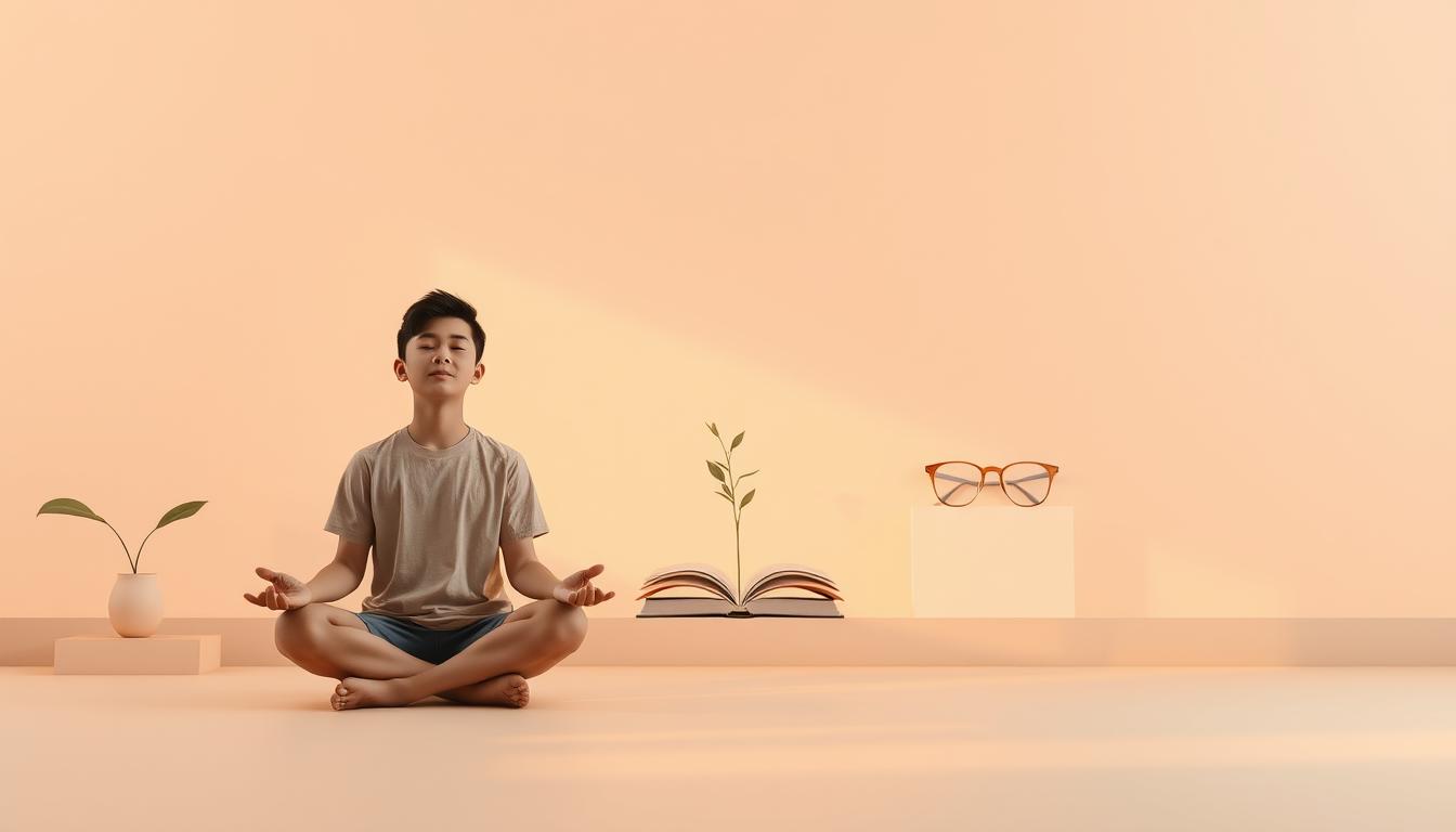 A serene, minimalist scene depicting the concept of &quot;dukungan pengembangan diri&quot;. In the foreground, a young person sits cross-legged, eyes closed, in a peaceful meditative pose, radiating an aura of calm and introspection. The middle ground features simple, elegant shapes and forms that symbolize the various aspects of personal growth and development - a book, a plant, a pair of eyeglasses. The background is a soft, muted gradient, suggesting an environment conducive to self-reflection and inner exploration. Warm, natural lighting casts a gentle glow, creating a sense of tranquility and focus. The overall composition conveys a feeling of balance, harmony, and the empowering potential of personal development.