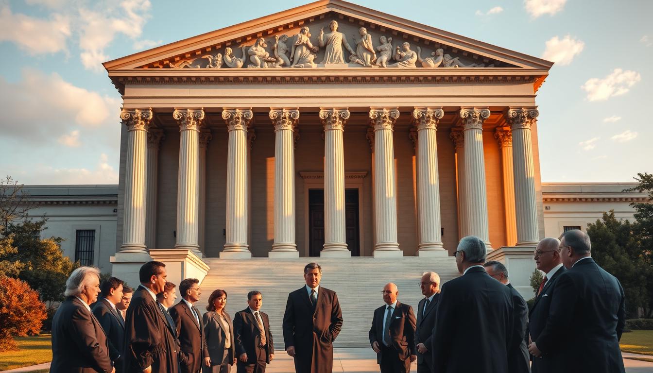 A grand, imposing courthouse standing tall, its neo-classical architecture adorned with intricate carvings and towering columns. The building is bathed in warm, golden light, casting long shadows that stretch across the landscaped grounds. In the foreground, a group of serious-faced individuals in formal attire - judges, lawyers, and officials - engage in solemn discussions, the weight of their responsibilities evident in their expressions. The scene conveys a sense of gravity, authority, and the reverence for the rule of law. A fitting representation of the crucial role of legal institutions in addressing complex societal issues.