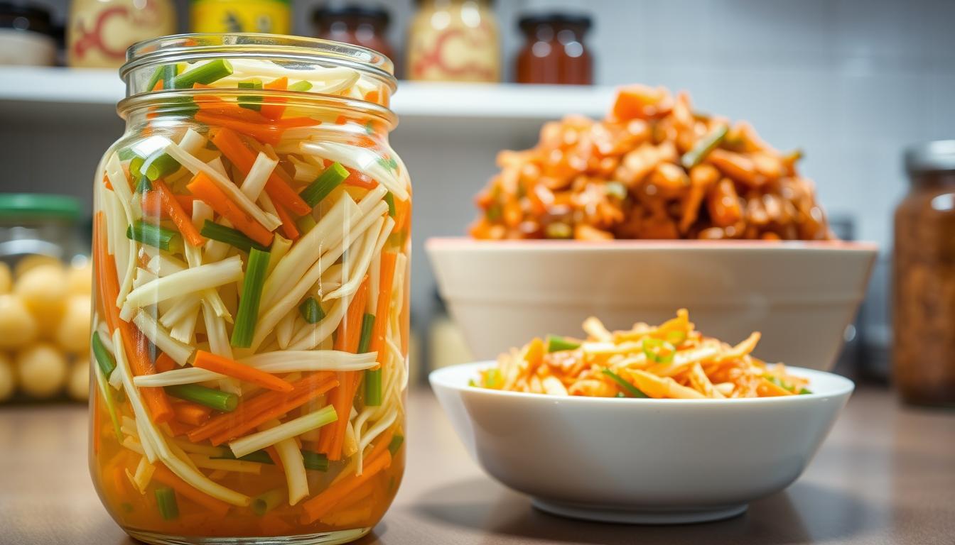 A well-lit kitchen counter, showcasing the process of storing freshly prepared kimchi. In the foreground, a transparent glass jar filled with vibrant, thinly sliced cabbage, carrots, and scallions, topped with a brine solution. Behind it, a ceramic bowl overflows with the seasoned, fermented kimchi mixture, ready to be packed and sealed. In the background, shelves display other fermented goods, creating a sense of a well-stocked, traditional Korean pantry. The overall scene conveys the care and attention required to properly preserve the flavor and nutritional benefits of this beloved probiotic-rich vegetable dish.