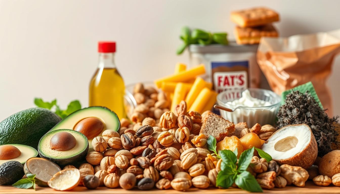 A vibrant, high-resolution image showcasing the contrast between healthy and unhealthy fats. In the foreground, a selection of nutrient-rich monounsaturated and polyunsaturated fats such as avocado, olive oil, and nuts. In the middle ground, a display of unhealthy trans and saturated fats from sources like fried foods, processed snacks, and baked goods. The background features a clean, minimalist design with a subtle gradient, emphasizing the clarity of the visual comparison. Warm, natural lighting casts a soft, inviting glow over the scene, conveying the idea of making informed, healthy choices. The overall composition is visually striking and effectively communicates the key concepts of the article section.