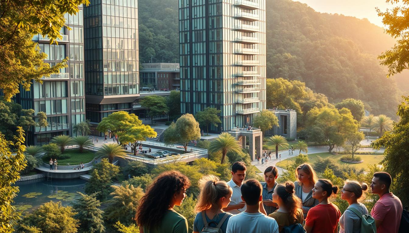 A vibrant, modern educational campus nestled within a lush, verdant landscape. Towering glass-and-steel buildings housing state-of-the-art classrooms and laboratories, bathed in natural light. Students and teachers engage in dynamic, collaborative learning, surrounded by verdant trees and tranquil water features. In the foreground, a group of diverse students animatedly discussing solutions, their faces filled with determination. The scene conveys a sense of innovation, inclusivity, and a commitment to transforming education. Soft, warm lighting imbues the image with a hopeful, inspiring atmosphere.