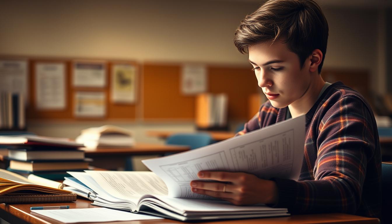 A classroom setting with a student intently studying from a stack of papers, surrounded by various learning materials such as textbooks, notebooks, and stationery. The lighting is warm and focused, creating a contemplative atmosphere. The student's expression conveys deep concentration as they engage with the example problems before them. The background is slightly blurred, allowing the focal point to be the student's dedicated study session, reflecting the importance of practicing sample questions to effectively prepare for the semester exam.