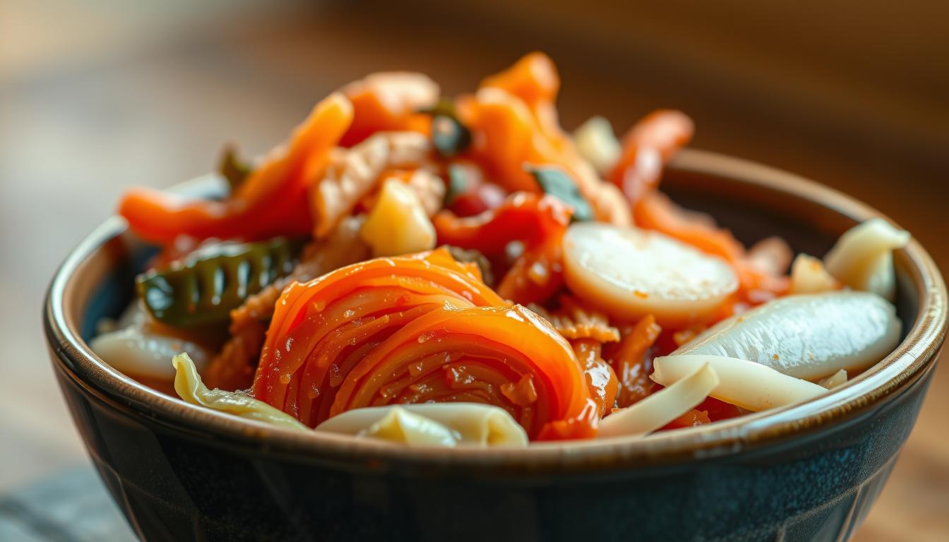 A vibrant, hyper-realistic close-up image of a bowl filled with traditional Korean kimchi, including cabbage, radish, garlic, and other fermented vegetables. The kimchi is vividly colored, with a glossy, textured appearance that suggests its fermented state. In the foreground, a few slices of the kimchi are highlighted, showcasing the intricate patterns and layers within. The background is softly blurred, putting the focus entirely on the nutritious, gut-healthy dish. Warm, natural lighting illuminates the scene, casting subtle shadows and highlights that enhance the three-dimensional quality of the kimchi. The overall mood is one of appetizing, wholesome nourishment, hinting at the immune-boosting benefits of this probiotic-rich food.