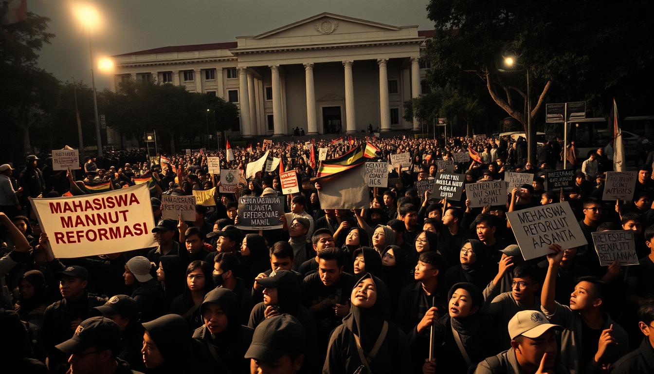 A large crowd of university students marching in the streets, carrying banners and chanting slogans demanding reforms. The scene is captured in a dramatic, high-contrast style with cinematic lighting, emphasizing the intensity and urgency of the student movement. The protesters fill the frame, their faces determined and resolute, with the government buildings and security forces in the background, suggesting the confrontation between the people and the authorities. The overall mood is one of civil disobedience and a struggle for change, capturing the essence of the &quot;Mahasiswa Menuntut Reformasi&quot; movement.