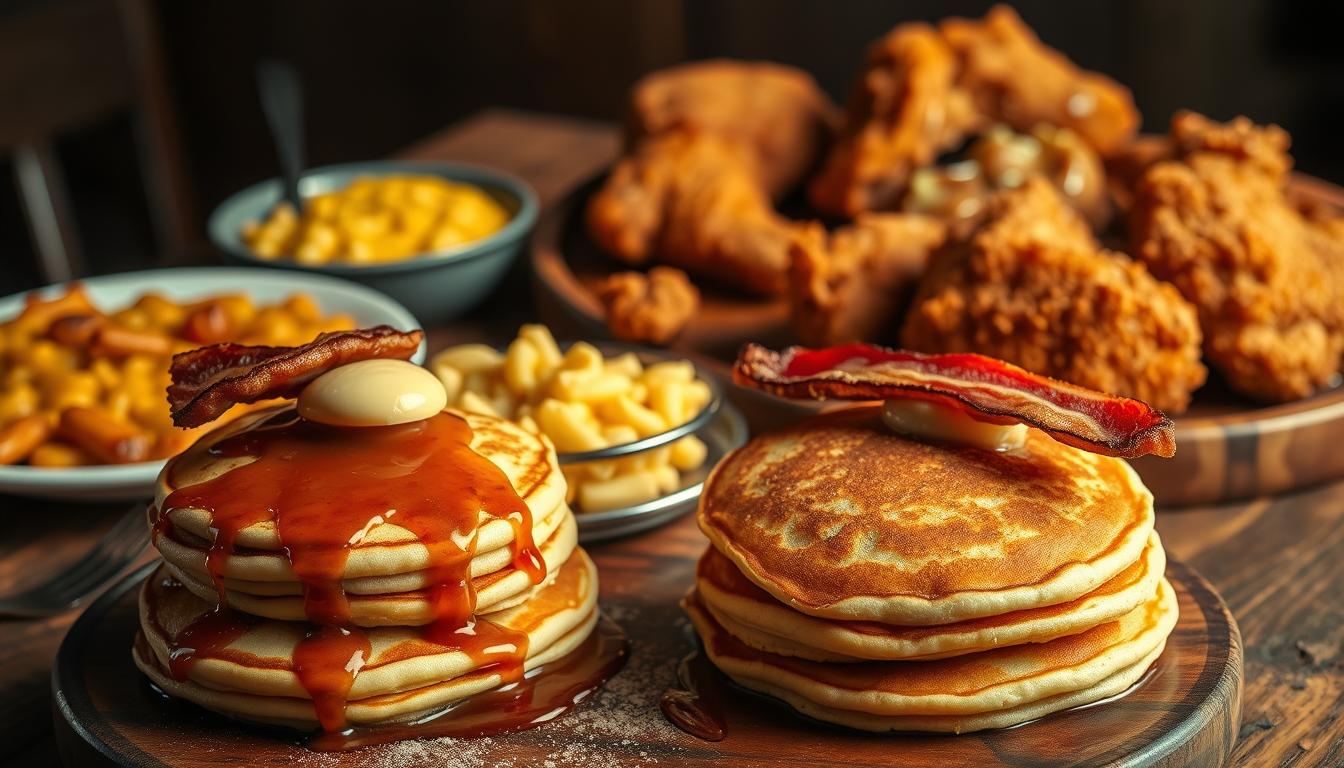 High-calorie indulgent feast, with a selection of tempting dishes laid out on a rustic wooden table. In the foreground, a decadent stack of fluffy pancakes drizzled with rich maple syrup, accompanied by crispy bacon strips. In the middle ground, a hearty plate of creamy mac and cheese, with a golden, bubbly crust. In the background, a platter of juicy, breaded fried chicken, served alongside creamy mashed potatoes and gravy. The scene is bathed in warm, golden lighting, creating a cozy and inviting atmosphere. The overall composition evokes a sense of indulgence and comfort, showcasing the types of high-calorie foods that should be enjoyed in moderation.