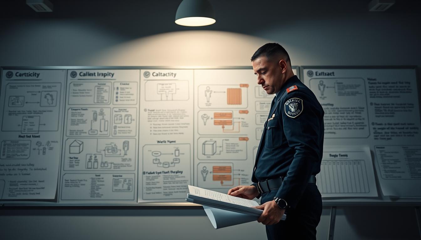 A police officer in a sharp uniform stands in a well-lit room, examining documents and evidence related to a bribery case involving rice distribution. Detailed schematics and diagrams on a large whiteboard behind the officer provide clues and insights into the complex investigation. The officer's focused expression and the array of investigative materials convey a sense of diligence and determination to uncover the truth. Diffused lighting from overhead casts dramatic shadows, emphasizing the gravity of the situation. The scene evokes a professional, methodical approach to resolving this high-profile case.