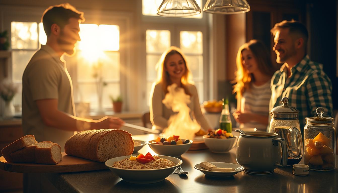 A cozy kitchen scene at dawn, bathed in warm golden light filtering through large windows. On the counter, a bountiful breakfast spread - freshly baked bread, steaming oatmeal, a fruit salad, and a carafe of aromatic coffee. A family gathered around the table, savoring the meal and each other's company, with expressions of contentment and mindfulness. The atmosphere exudes a sense of tranquility and wholesome nourishment, capturing the essence of the "perfect breakfast time".