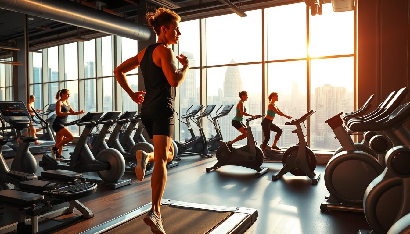 A high-energy cardio workout scene in a modern fitness studio. In the foreground, an athlete sprints on a treadmill, their muscles rippling with intense effort. Surrounding them, state-of-the-art exercise equipment including rowing machines, bikes, and ellipticals, all bathed in warm, energizing lighting. The middle ground features other fitness enthusiasts engaged in a variety of calorie-burning activities, their faces flushed with determination. In the background, floor-to-ceiling windows offer a panoramic view of a vibrant cityscape, reinforcing the idea of an urban, cosmopolitan setting dedicated to health and wellness. The overall mood is one of dynamism, productivity, and a sense of the transformative power of high-intensity cardio training.