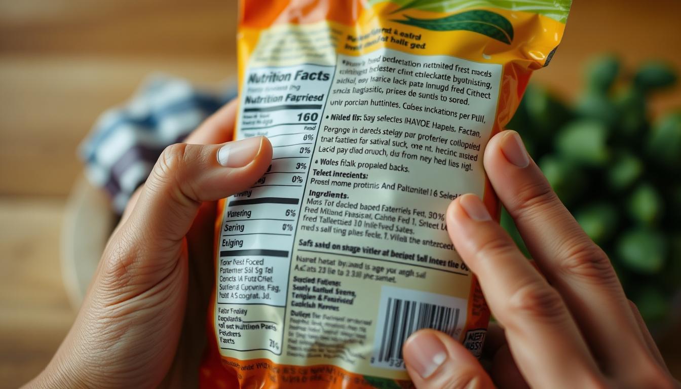 A close-up shot of a person's hands carefully examining the nutrition facts and ingredients list on the back of a packaged food item. The label is prominently displayed, with the person's fingers pointing to specific areas of interest. The image has a warm, natural lighting that highlights the textures of the packaging and the person's skin. The background is slightly blurred, placing the focus entirely on the act of reading the food label. The overall mood conveys a sense of mindfulness and attention to detail when making healthy food choices.
