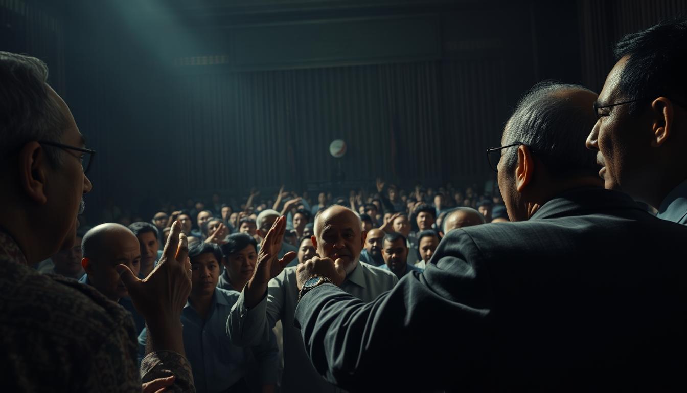 A heated debate unfolds, tension palpable in the air. In the foreground, figures gesticulate passionately, faces etched with both conviction and discord. The middle ground reveals a tapestry of diverse perspectives, clashing ideologies battling for dominance. In the background, a dimly lit chamber, where the weight of history and the burden of compromise cast long shadows. Chiaroscuro lighting accentuates the gravity of the moment, as the future of a nation hangs in the balance. Captured through a cinematic wide-angle lens, this scene conveys the profound controversy and critical discourse surrounding the UUD 1945, the foundational document that has shaped Indonesia's path.
