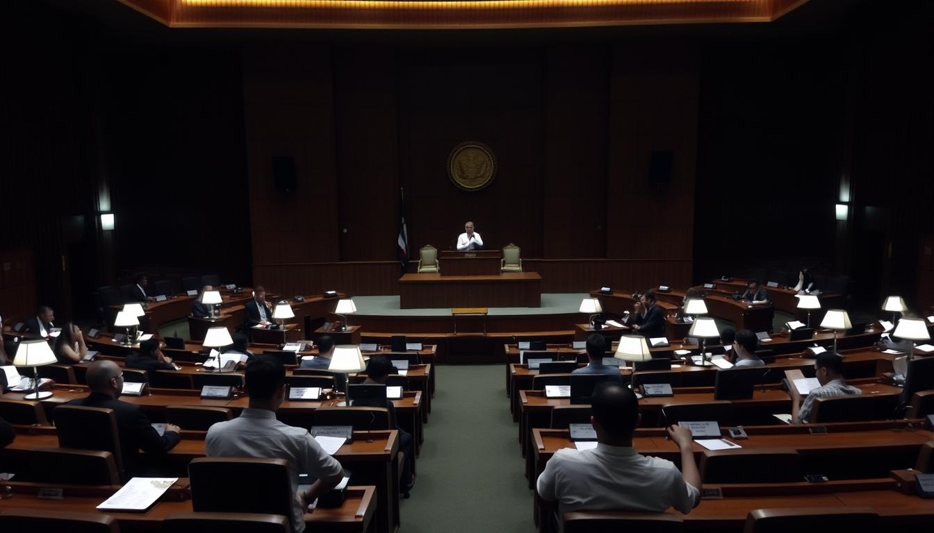 A dimly lit parliamentary chamber, with rows of wooden desks and chairs. In the foreground, a group of representatives from Commission III of the House of Representatives (Komisi III DPR) sit in discussion, their faces illuminated by the soft glow of desk lamps. The middle ground features a central podium, where a speaker stands, delivering a speech. The background is shrouded in shadows, hinting at the gravity and importance of the proceedings. The scene conveys a sense of serious deliberation and political discourse, as the representatives consider matters of national significance.
