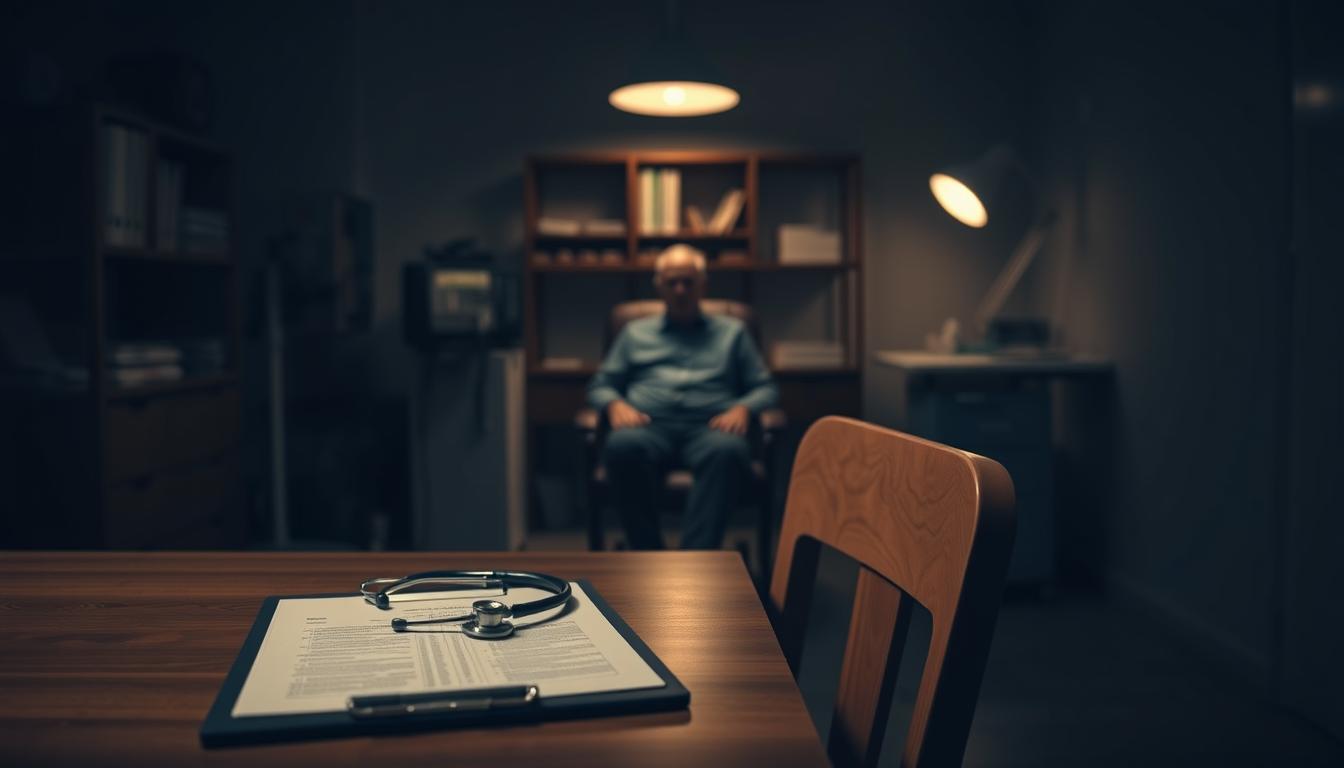 A dimly lit medical examination room, with a wooden desk and chair in the foreground. On the desk, a clipboard with medical documents and a stethoscope. In the middle ground, a patient in a chair, their face obscured by shadows, conveying a sense of unease and uncertainty. The background features medical equipment, shelves of files, and a subtle glow from a single lamp, creating an atmosphere of contemplation and diagnostic focus. Soft, muted tones evoke the gravity and seriousness of the Alzheimer's diagnosis process. The image captures the sense of a critical moment in the medical journey, where the patient's future hangs in the balance.