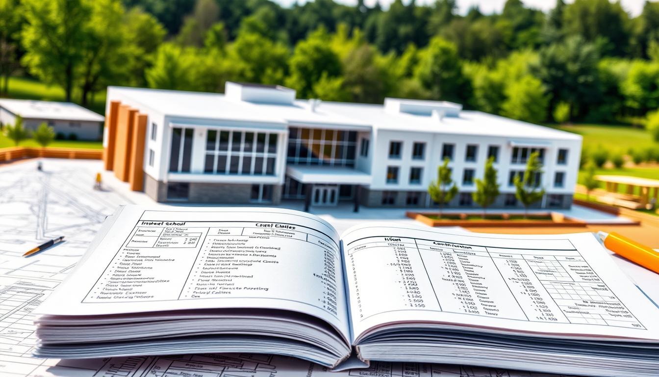 A detailed architectural blueprint of a modern school building, showcasing the intricate design and layout of the construction plan. The building features a sleek, contemporary facade with large windows and a prominent entrance. In the foreground, an open ledger displays itemized cost breakdowns, construction timelines, and budget allocations for various aspects of the project, including classrooms, laboratories, administrative offices, and recreational facilities. The background depicts a verdant landscape with trees and greenery, suggesting an environmentally-conscious and community-focused approach to the school's development. The overall scene conveys a sense of careful planning, financial transparency, and a commitment to providing high-quality educational infrastructure.