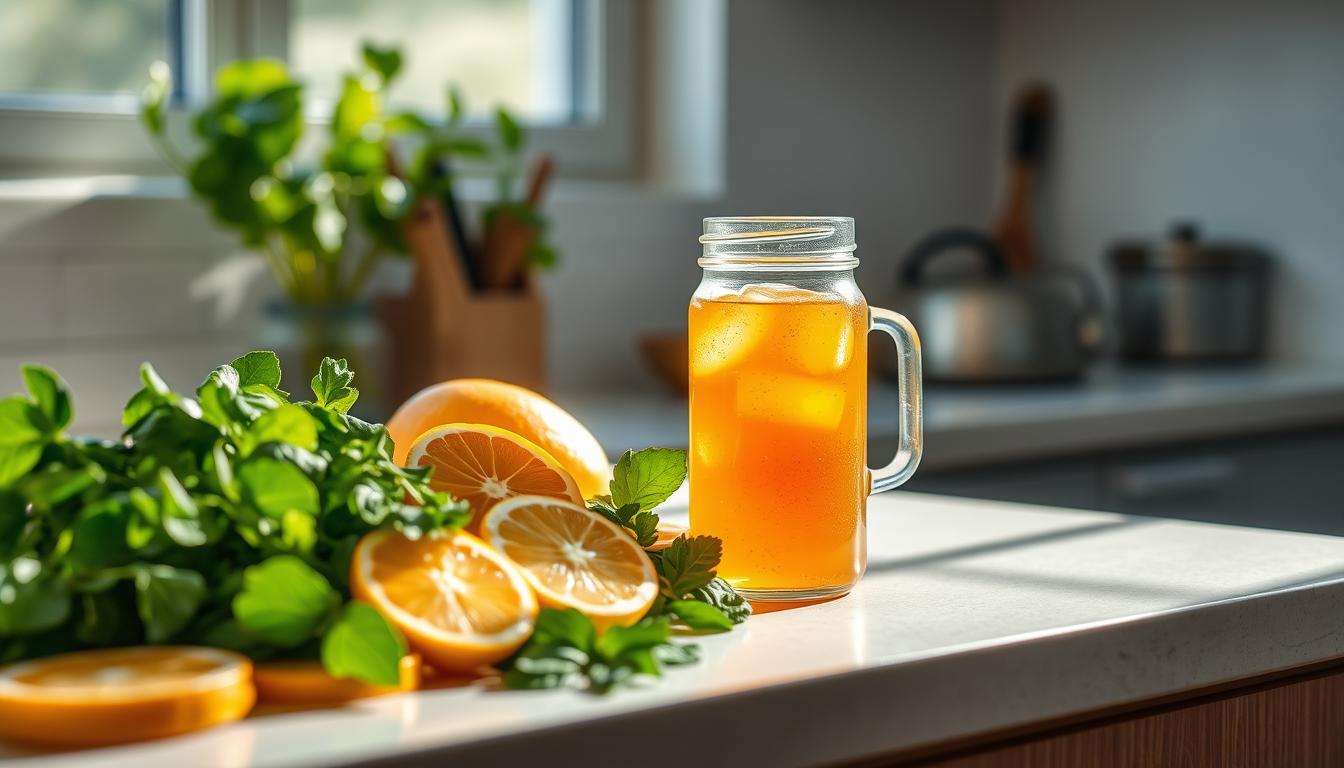 A serene kitchen counter, bathed in soft, natural light from a nearby window. On the surface, an assortment of fresh, vibrant ingredients - sliced citrus fruits, leafy greens, and a glass jar filled with a fizzing, amber-colored beverage. The scene exudes a sense of tranquility and wellness, inviting the viewer to consider the restorative power of natural, homemade detox drinks. The image captures the essence of "Tips Detoks Efektif" - a simple, yet effective approach to nourishing the body and mind through the use of wholesome, garden-fresh elements.