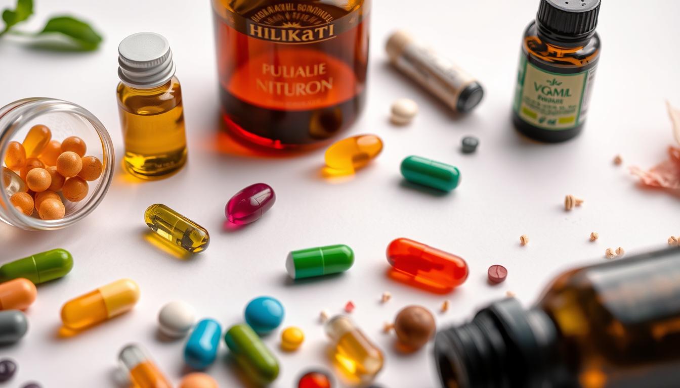 A close-up shot of various micronutrients, including vitamin capsules, mineral supplements, and essential oils, arranged neatly on a clean, minimalist background. The lighting is soft and diffused, highlighting the vibrant colors and textures of the nutritional elements. The composition emphasizes the importance and interconnectedness of these tiny, yet vital components of a balanced diet. The overall mood is one of health, wellness, and scientific precision, conveying the significance of "Nutrisi Mikro" in understanding and maintaining a nutritious lifestyle.