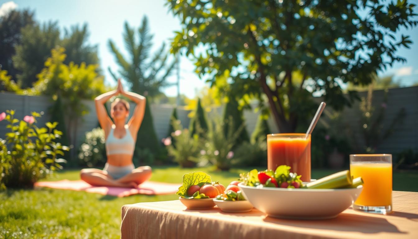 Vibrant and serene scene of a young millennial practicing healthy habits in a sun-drenched garden. In the foreground, a person performing gentle yoga poses on a plush, colorful mat, sunlight casting a warm glow. In the middle ground, a table laden with a nourishing plant-based meal and a glass of freshly squeezed juice. The background features lush, verdant foliage and a clear blue sky, creating a tranquil, restorative atmosphere. The overall mood is one of balance, mindfulness, and a holistic approach to wellness. Soft, diffused lighting and a slightly dreamy, ethereal quality enhance the serene, inviting ambiance.