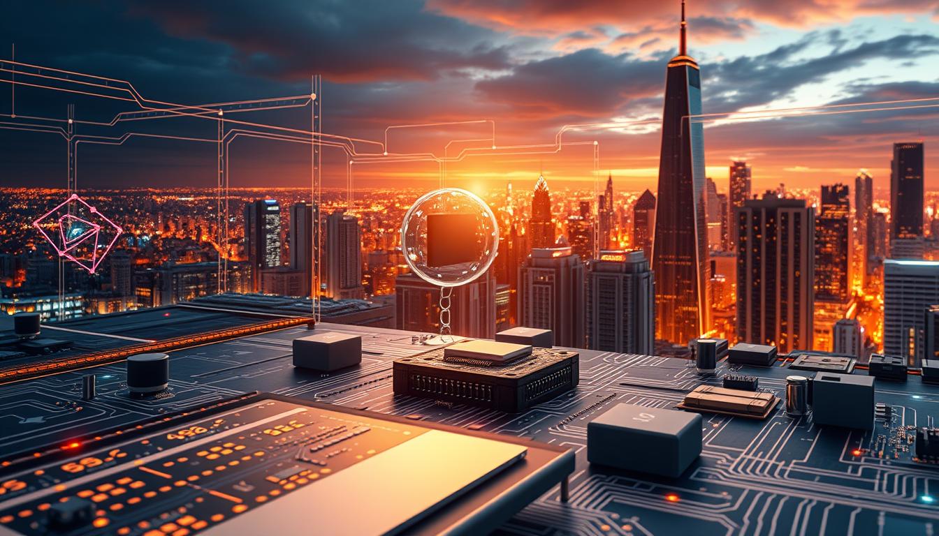Detailed schematic diagram showcasing the seamless integration of embedded systems and the internet of things. A sleek, modern interface dominates the foreground, with intricately designed circuit boards and microcontrollers in the middle ground. In the background, a sweeping cityscape with towering skyscrapers and a vibrant, techno-futuristic atmosphere. Soft, warm lighting illuminates the scene, casting a glow that highlights the complex web of interconnected devices and networks. The overall composition conveys the power, precision, and potential of this cutting-edge field of technology.