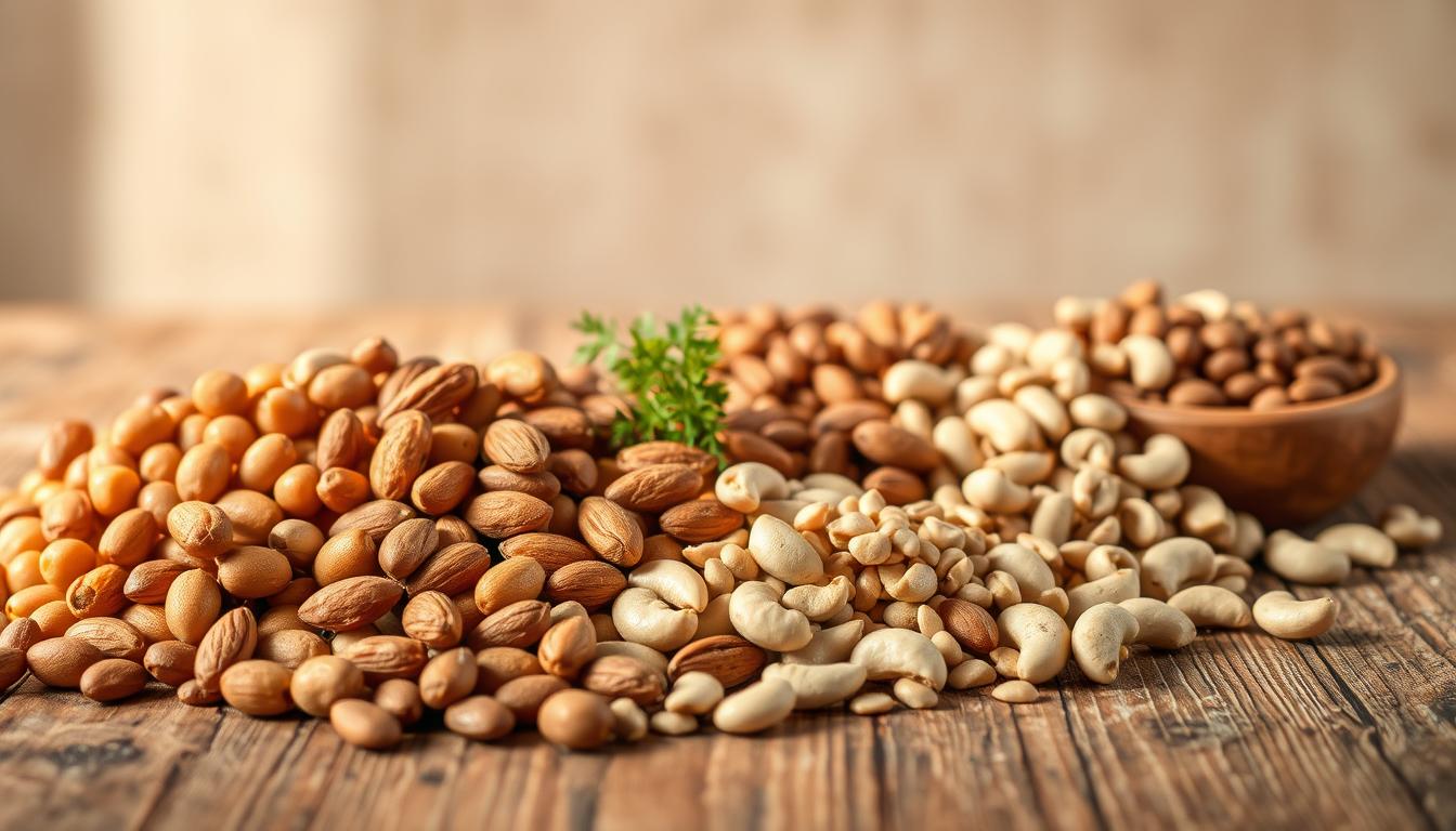 A still life arrangement of various legumes and nuts on a rustic wooden table, bathed in warm, natural lighting. In the foreground, a selection of garbanzo beans, lentils, almonds, and cashews are neatly arranged, showcasing their earthy tones and textures. In the middle ground, a few sprigs of fresh herbs add a touch of greenery, complementing the nutty medley. The background features a neutral, muted backdrop, allowing the vibrant colors and forms of the anti-inflammatory ingredients to take center stage. The overall composition conveys a sense of wholesome, healthy nourishment, perfectly suited to illustrate the role of legumes in an anti-inflammatory diet.