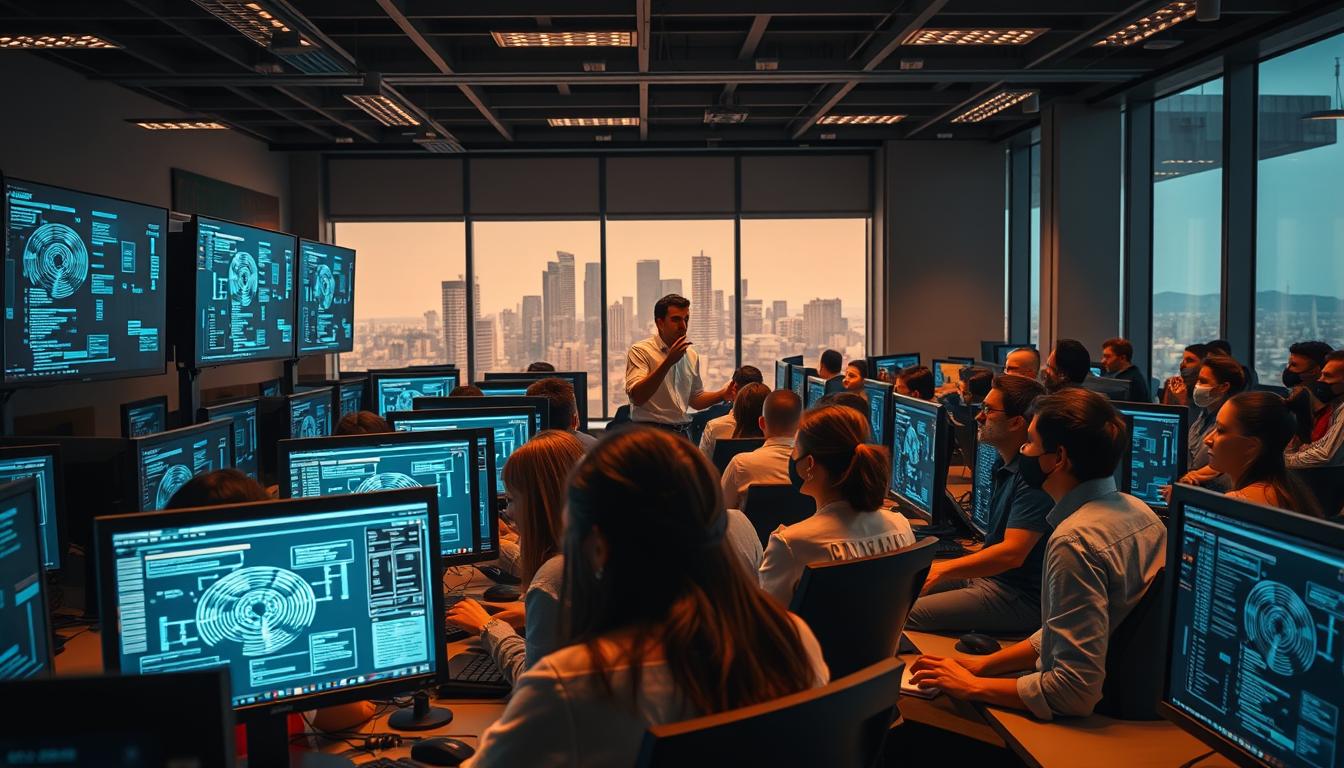 A sleek, modern computer lab with rows of desktops, each displaying intricate system diagrams and coding interfaces. In the foreground, a group of students collaborate intently, their faces illuminated by the glow of their screens. The middle ground features a lecturer gesturing animatedly, explaining the benefits of computer systems to a rapt audience. The background showcases a cityscape through large windows, hinting at the real-world applications of the students' studies. Warm, directional lighting casts a professional, dynamic atmosphere, underscoring the versatility and value of a computer systems degree.