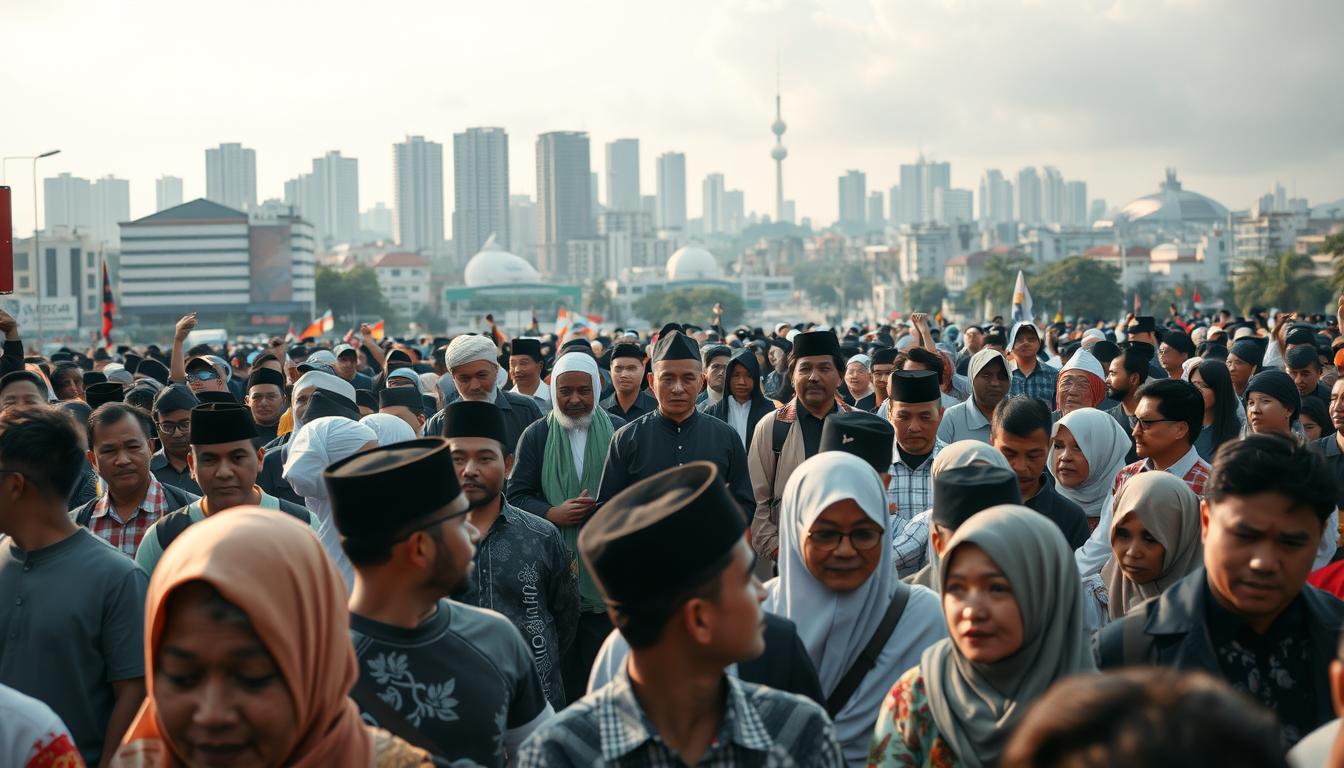 A bustling urban setting, where a diverse crowd of civilians gathers in peaceful solidarity. In the foreground, a group of men and women of various ages and backgrounds stand together, their faces reflecting a sense of unity and purpose. In the middle ground, a delegation of respected religious scholars, their traditional garments and serene expressions conveying an aura of wisdom and moral authority. In the background, the skyline of a modern Indonesian city, its towering buildings and bustling streets creating a dynamic contrast with the tranquil scene at the center. Soft, diffused lighting casts a warm, harmonious glow over the entire composition, evoking a sense of social harmony and the influential role of the ulama in maintaining it.