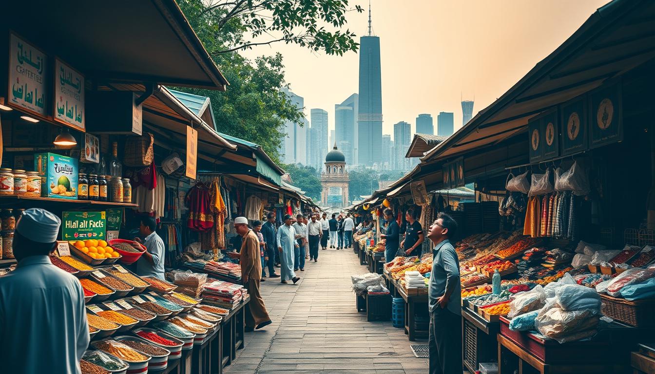 A bustling outdoor market showcasing an array of halal products. In the foreground, stalls display a vibrant selection of halal-certified foods, spices, and household items. Vendors in traditional garb interact with diverse customers. The middle ground features a winding path leading through the market, with merchants haggling and shoppers browsing. In the background, a modern city skyline rises, representing the integration of halal practices into the urban landscape. Warm, diffused lighting casts a welcoming glow over the scene, conveying a sense of community and cultural richness. The image captures the accessibility and distribution of halal products, supporting the article's exploration of economic opportunities and solutions.