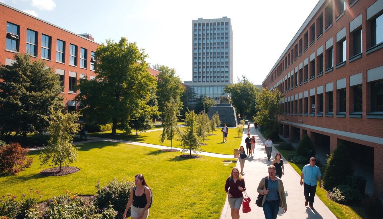 A sun-dappled campus nestled amidst lush greenery, with modern buildings featuring clean architectural lines and warm tones. In the foreground, students stroll along a picturesque pathway, engaged in lively discussions. The middle ground showcases an imposing administration block, its facade adorned with the university's crest. In the background, a towering library building stands as a beacon of knowledge, its windows reflecting the vibrant campus life. The scene is bathed in a soft, natural light, conveying a sense of intellectual vibrancy and academic excellence.
