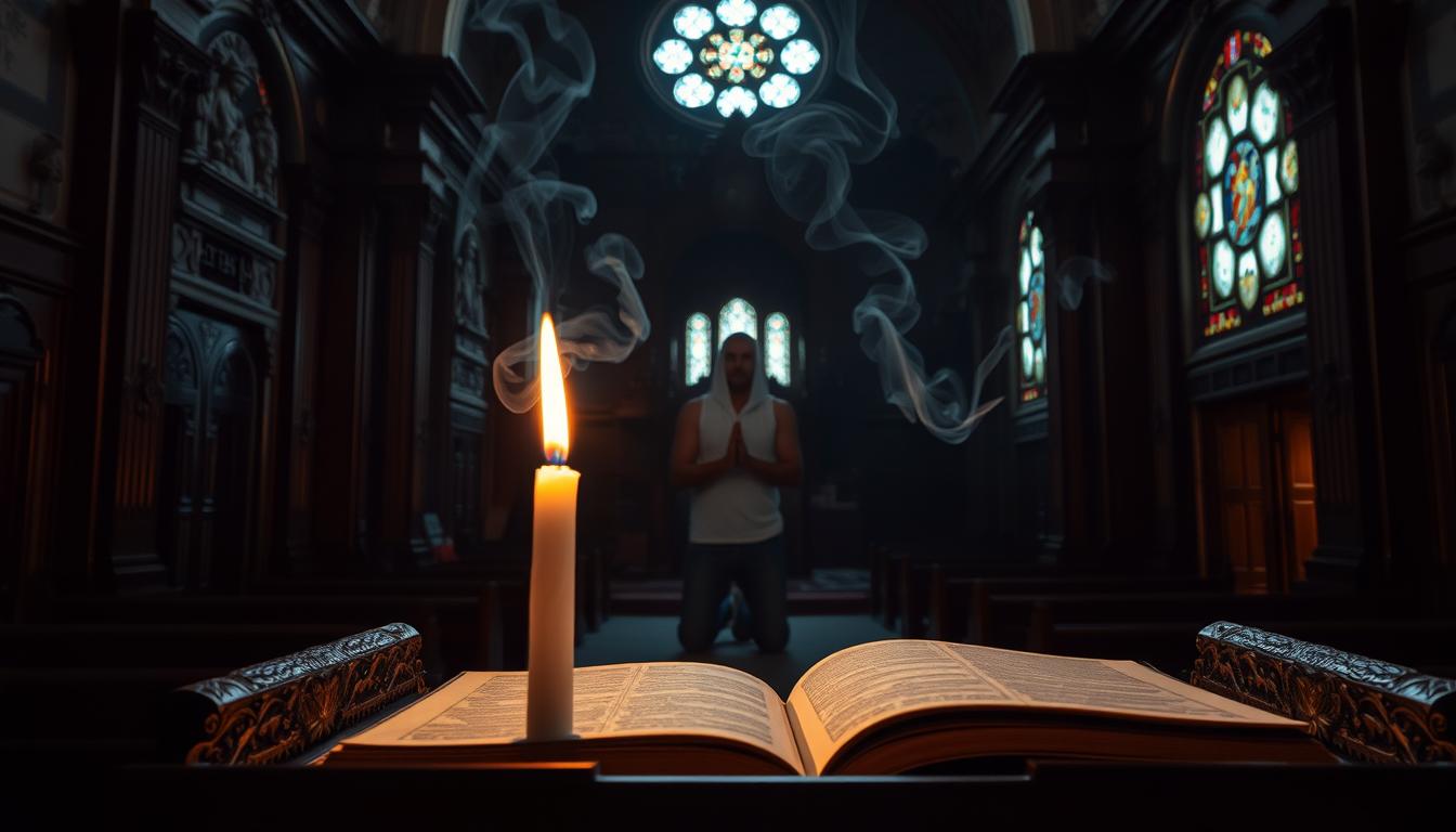 A serene, dimly lit temple interior with ornate architectural details. In the foreground, a single candle flame flickers, casting a warm glow on a sacred religious text open on a carved wooden lectern. Wisps of incense smoke drift lazily, creating an atmosphere of contemplation and spiritual introspection. In the middle ground, a lone figure, shrouded in shadow, kneels in reverent meditation. The background features intricate carvings, stained glass windows, and a vaulted ceiling that seems to draw the eye upwards, towards the divine. The overall scene evokes a sense of timelessness, tradition, and the search for absolute truth within the realm of religious faith.