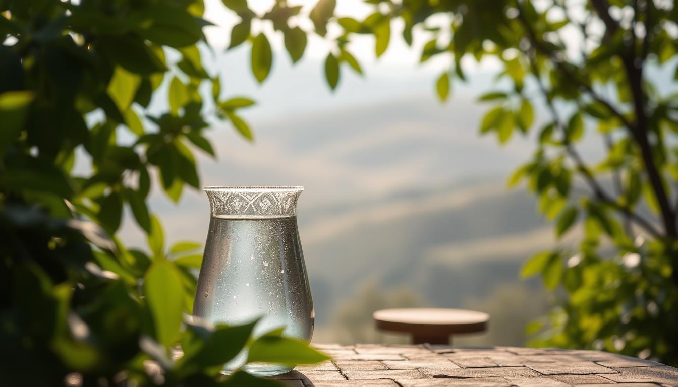 A serene and tranquil outdoor scene, capturing the essence of &quot;Minuman Halalan Thayyiban&quot; in Islamic tradition. In the foreground, a traditional glass or ceramic vessel filled with a clear, refreshing liquid, possibly water or a light, non-alcoholic beverage. Surrounded by lush, verdant foliage, with sunlight filtering through the leaves, casting a warm, natural glow. In the middle ground, a simple yet elegant table or surface, perhaps made of weathered wood, supporting the vessel and accentuating its simplicity. The background features a calming, serene landscape, with rolling hills or a distant vista, conveying a sense of harmony and balance. The overall mood is one of purity, simplicity, and a connection to the natural world, reflecting the principles of Halalan Thayyiban in Islamic culture.