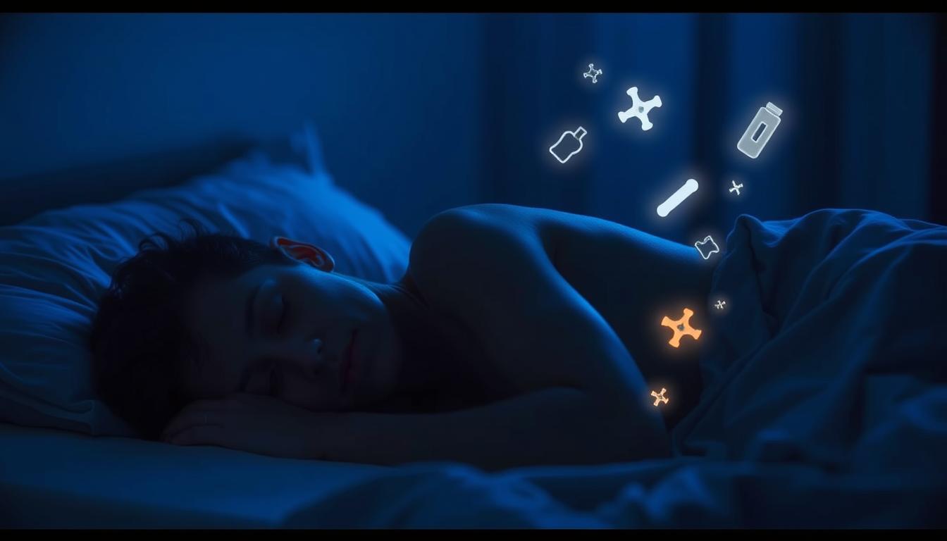 Person in deep sleep with visual representation of muscle recovery process happening