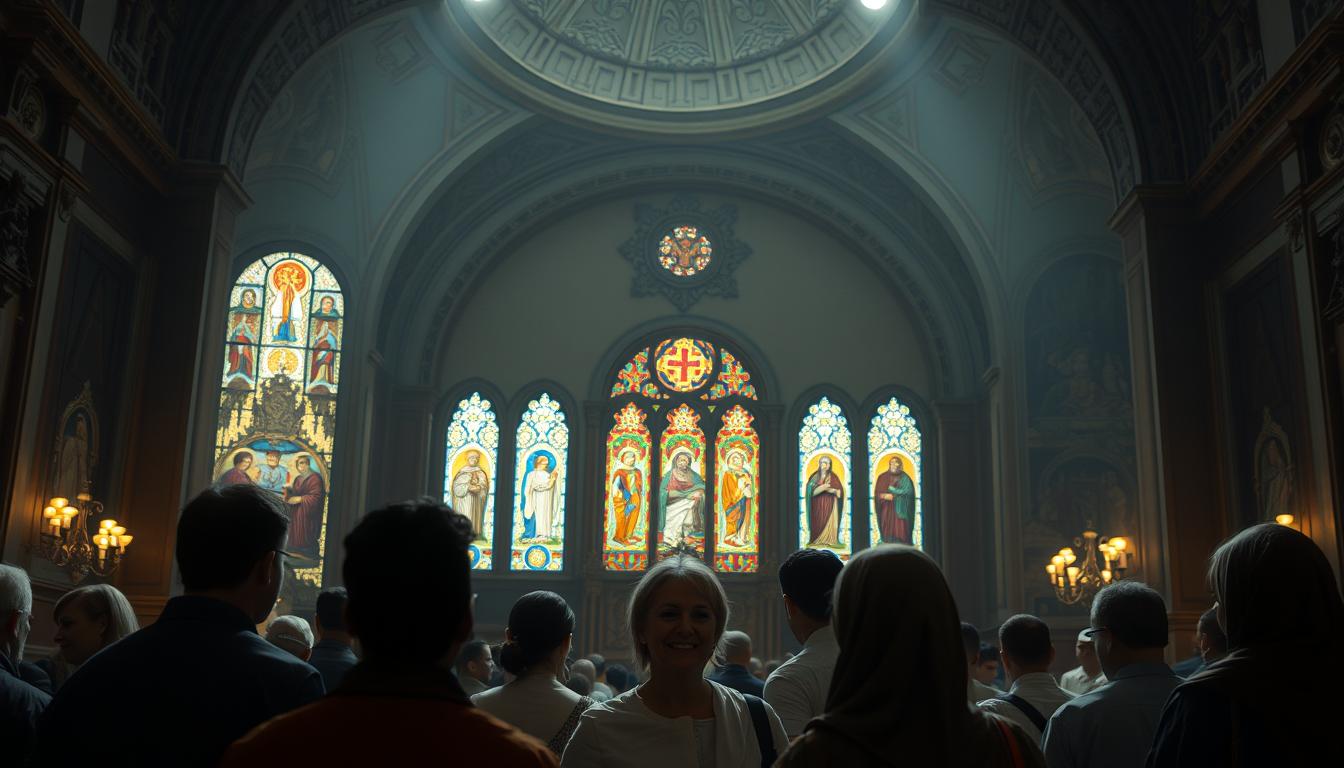 A serene, dimly lit interior space with ornate religious symbols and architectural elements representing diverse faiths. In the foreground, a group of people from different backgrounds stand together, their expressions conveying mutual understanding and respect. Soft, warm lighting illuminates the scene, creating an atmosphere of harmony and inclusivity. The middle ground features intricate stained glass windows depicting religious motifs, symbolizing the coexistence of multiple belief systems. The background showcases a grand, domed ceiling adorned with intricate carvings and mosaics, suggesting the grandeur and significance of the space. The overall composition conveys the concept of religious pluralism and its connection to human rights.