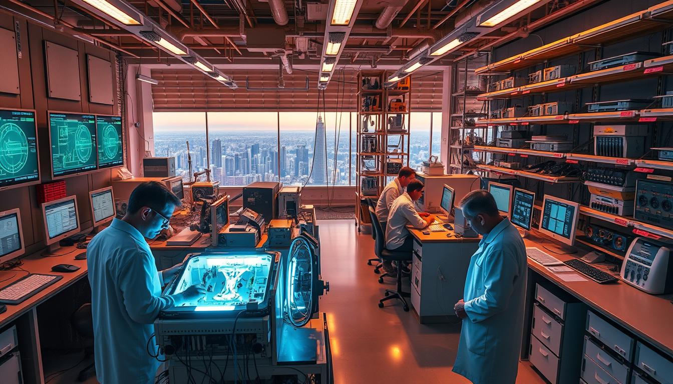 A vast, futuristic laboratory bustling with activity. In the foreground, a team of scientists in white coats intently examining a quantum device, its intricate components glowing with an ethereal light. In the middle ground, rows of advanced computers and monitoring equipment, their screens displaying complex diagrams and data visualizations. In the background, towering shelves filled with specialized equipment and a sweeping view of the cityscape beyond, hinting at the real-world applications of this revolutionary technology. Warm, directional lighting casts dramatic shadows, emphasizing the precision and intensity of the research. Capture the essence of cutting-edge quantum research, from the laboratory to the world beyond.