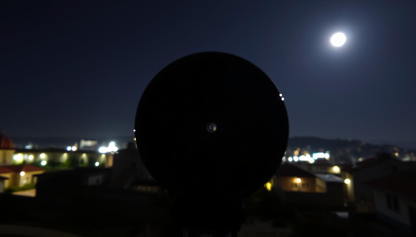 A well-lit night scene featuring a smartphone camera capturing a low-light environment. In the foreground, the camera lens is prominently displayed, its aperture open wide to allow maximum light intake. The middle ground showcases a cityscape or landscape with dimly lit buildings, streetlights, and other architectural elements. The background is a starry night sky, with a subtle hint of the moon illuminating the scene. The lighting is carefully balanced, creating a sense of depth and atmosphere that highlights the camera's night mode capabilities. The overall mood is one of clarity, sharpness, and professional-grade image quality, conveying the impression of a DSLR-like photograph taken in challenging low-light conditions.