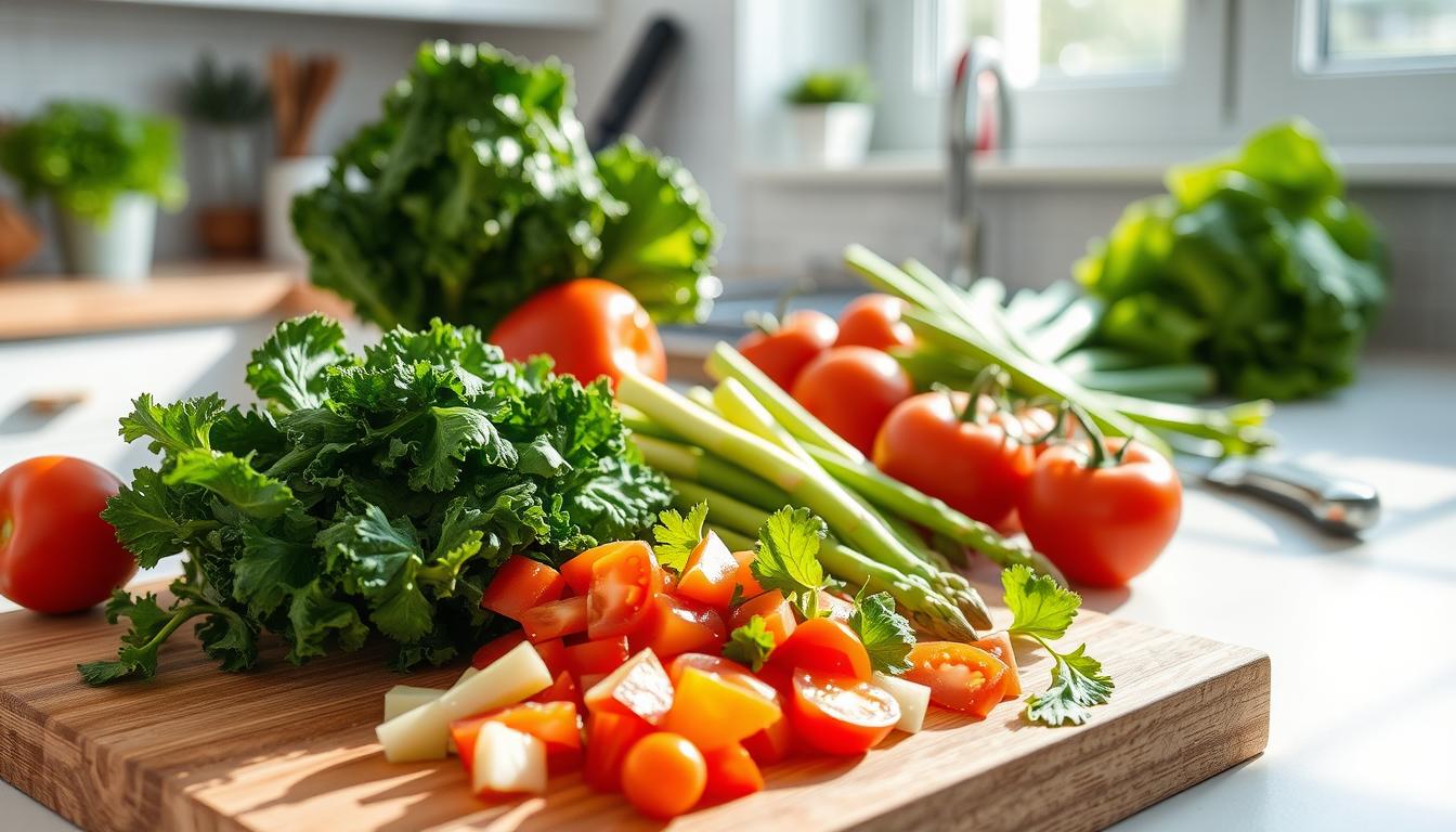 A bright, airy kitchen with natural lighting streaming in. On the countertop, an assortment of fresh, vibrant vegetables - crisp kale, tender asparagus, and juicy tomatoes. A chef's knife rests nearby, ready to slice and prepare the produce. In the foreground, a wooden cutting board with half-chopped vegetables, their colors and textures on full display. The scene exudes a sense of wellness and health, perfectly suited for cooking tips tailored for those with gout. The overall mood is calm, focused, and inviting, encouraging mindful, nutrient-rich meal preparation.