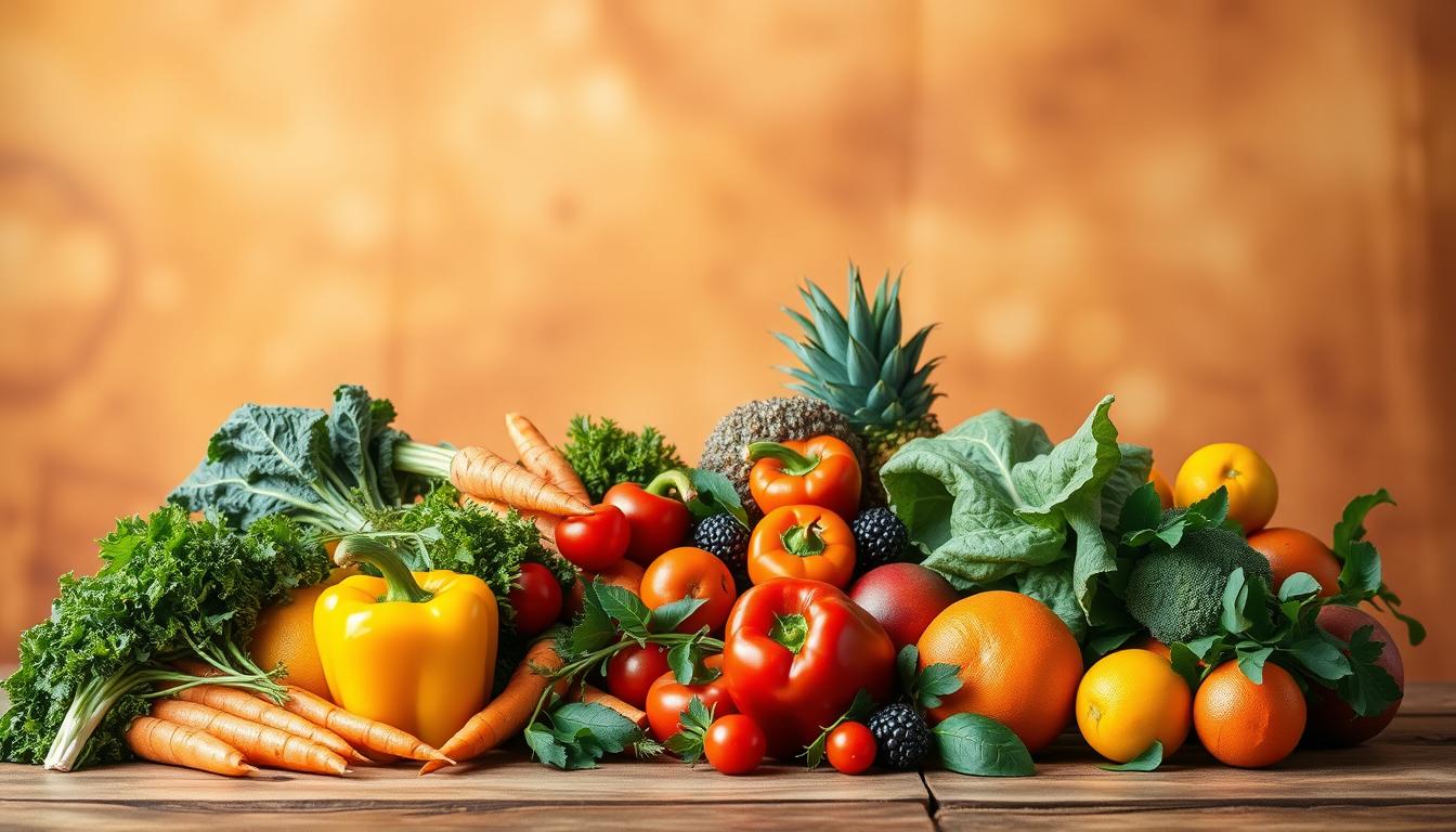A vibrant still life composition showcasing an assortment of fresh, colorful fruits and vegetables against a warm, natural background. In the foreground, an array of nutrient-dense produce including leafy greens, carrots, bell peppers, and citrus fruits, arranged in a visually appealing manner. The middle ground features a wooden table or rustic surface, with soft, diffused lighting illuminating the scene. In the background, a hazy, organic backdrop suggests a pastoral or garden setting, conveying a sense of health, vitality, and the importance of a balanced, vitamin and mineral-rich diet for overall wellbeing.