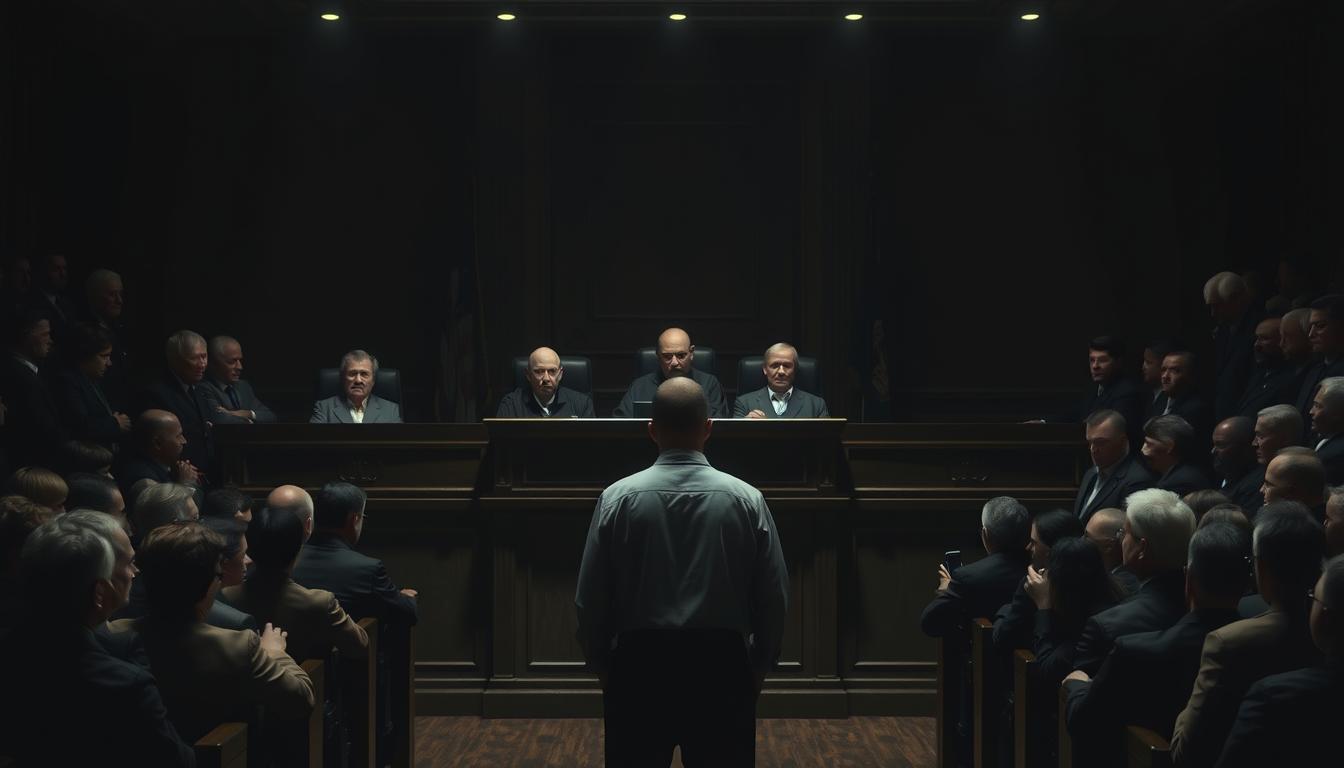 A somber courtroom scene, dimly lit with a heavy atmosphere. At the center, a lone figure stands before a panel of stern-faced judges, their expressions conveying the gravity of the case. The defendant, head bowed, faces the consequences of their actions, the weight of their crime palpable in the air. Surrounding them, the hushed gallery observes the proceedings, tension and anticipation palpable. Shadows creep along the walls, adding to the solemn mood. The scene captures the essence of a high-profile case, where justice is tempered with the solemnity of the law.