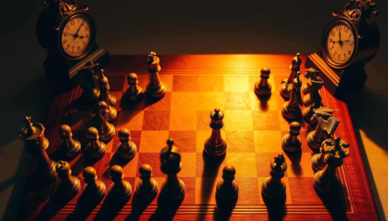 A classic game of chess unfolds on a detailed wooden chessboard, the elegant pieces casting long shadows under warm, dramatic lighting. The scene is captured from an overhead perspective, showcasing the intricate arrangement of pawns, rooks, knights, bishops, and the majestic king and queen. The board is flanked by ornate, vintage-inspired chess clocks, adding a sense of strategic tension to the composition. The background fades into a soft, muted tone, allowing the central game to take center stage and captivate the viewer's attention.
