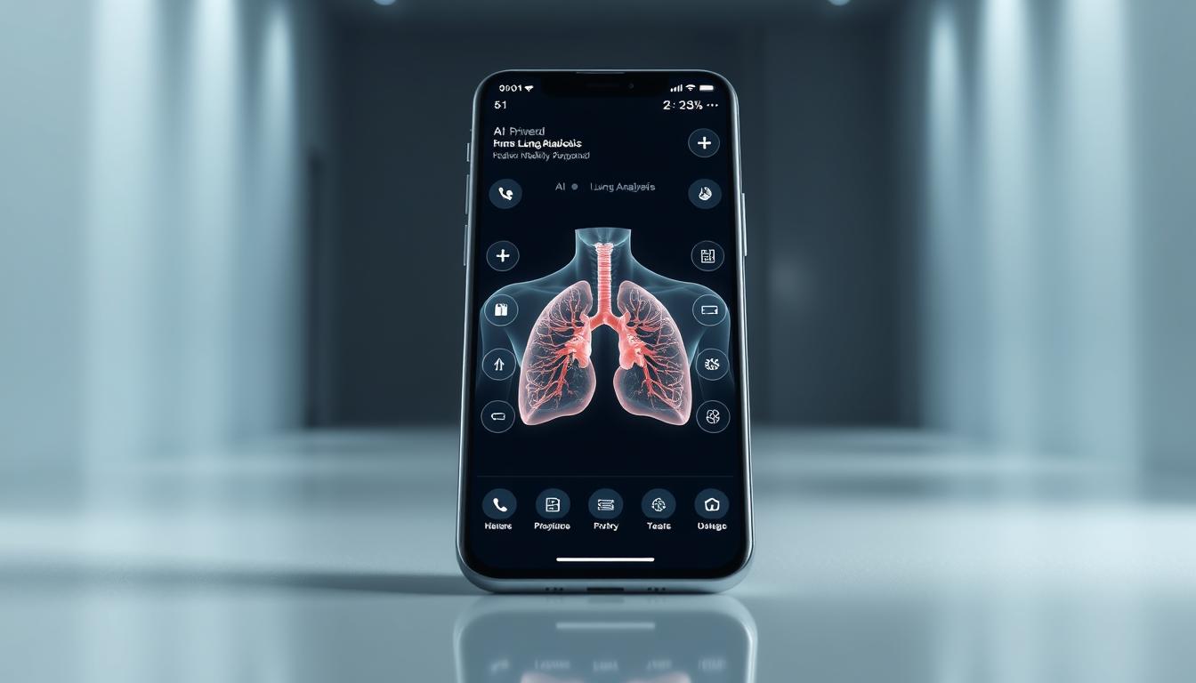 A sleek, AI-powered mobile application interface displayed on a modern smartphone. The foreground features a clean, minimalist design with intuitive icons and user-friendly controls for navigating various health-related functions. The middle ground showcases a 3D model of a human chest, highlighting the AI-driven lung analysis capabilities. The background subtly suggests a medical environment, with muted tones and a sense of clinical professionalism. Soft, directional lighting emphasizes the technology-driven nature of the application, creating a sense of precision and innovation. The overall atmosphere conveys a seamless integration of advanced medical imaging and AI-powered diagnostics, reflecting the cutting-edge nature of the application.