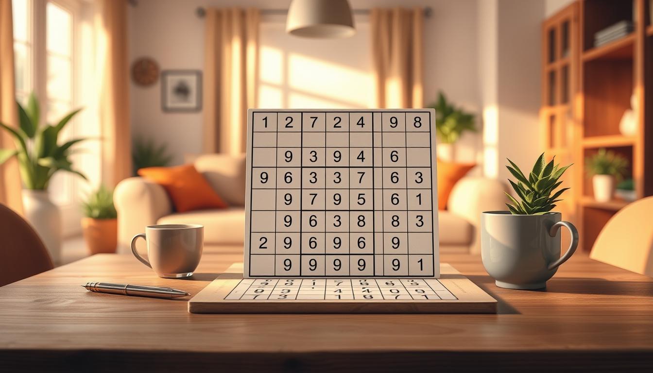 a highly detailed digital illustration of a sudoku puzzle game board, showcased on a wooden table in a well-lit, cozy home setting. The puzzle features a 9x9 grid with partially filled numbers, inviting the viewer to engage and solve the challenge. The background is softly blurred, emphasizing the focus on the game itself. Warm, natural lighting casts gentle shadows, creating depth and a calming ambiance. The composition is balanced, with the sudoku grid positioned centrally, surrounded by minimal yet meaningful props like a pen, a cup of coffee, and a few potted plants, conveying a sense of relaxation and intellectual stimulation.