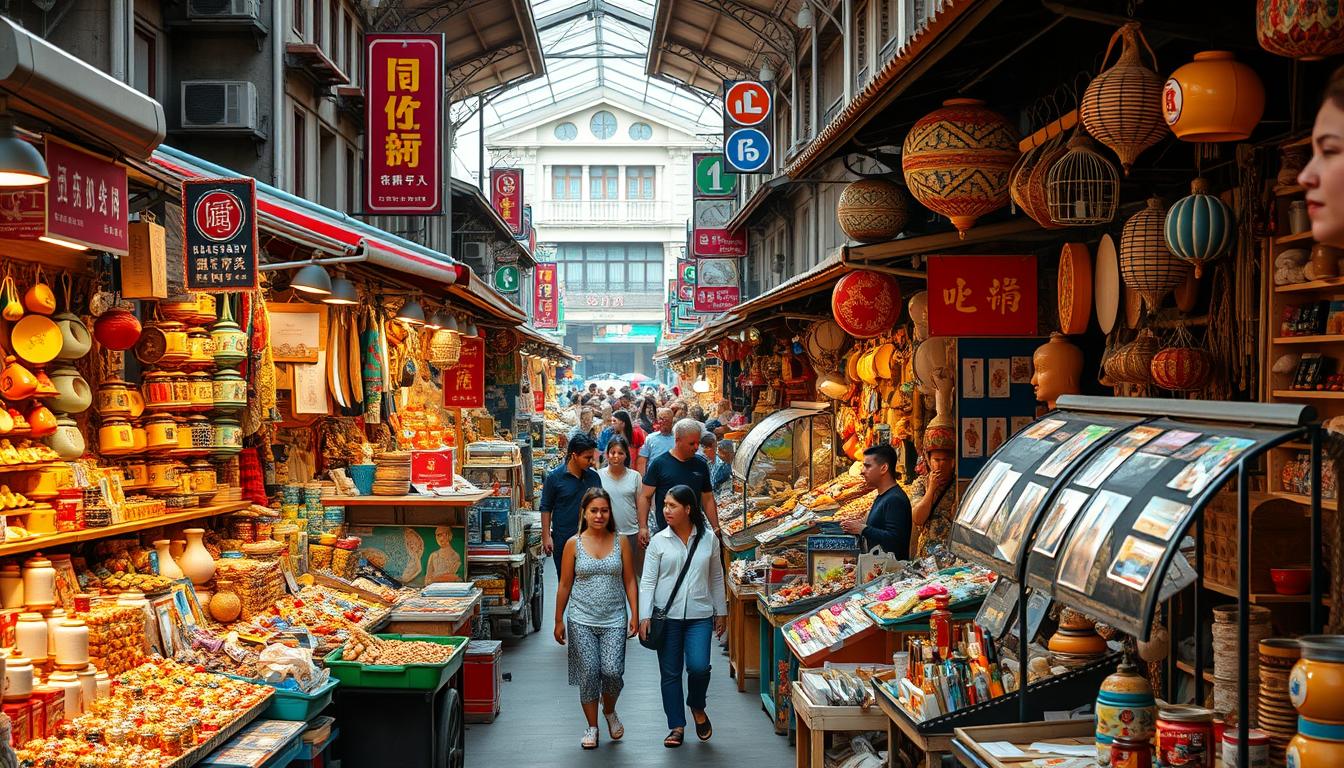 A bustling marketplace with rows of colorful stalls and vendor carts, showcasing a diverse array of handmade products. The foreground is filled with artisanal crafts, unique trinkets, and local delicacies, inviting visitors to browse and discover. In the middle ground, people wander through the lively atmosphere, examining the wares and engaging with the enthusiastic sellers. The background features a blend of traditional architecture, vibrant signage, and a warm, natural lighting that casts a welcoming glow over the entire scene. The overall mood is one of community, creativity, and the thrill of discovering new, handcrafted treasures.
