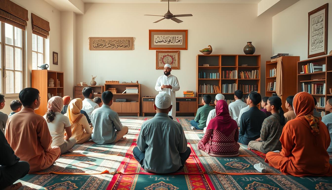 A serene and harmonious classroom setting, where students of diverse backgrounds engage in a holistic educational experience. The scene depicts an integrated approach to tarbiyah (character building), ta'lim (knowledge acquisition), and ta'dib (moral cultivation). Soft natural lighting filters through large windows, casting a warm, contemplative glow. In the foreground, a diverse group of students sit cross-legged on colorful prayer mats, eyes closed in deep reflection. In the middle ground, a teacher in traditional Islamic attire stands, guiding the students with gentle gestures, fostering an atmosphere of intellectual and spiritual growth. The background features bookshelves, educational tools, and calligraphic wall hangings, symbolizing the richness of Islamic pedagogy. The overall impression is one of harmony, balance, and the seamless integration of the three essential elements of Islamic education.