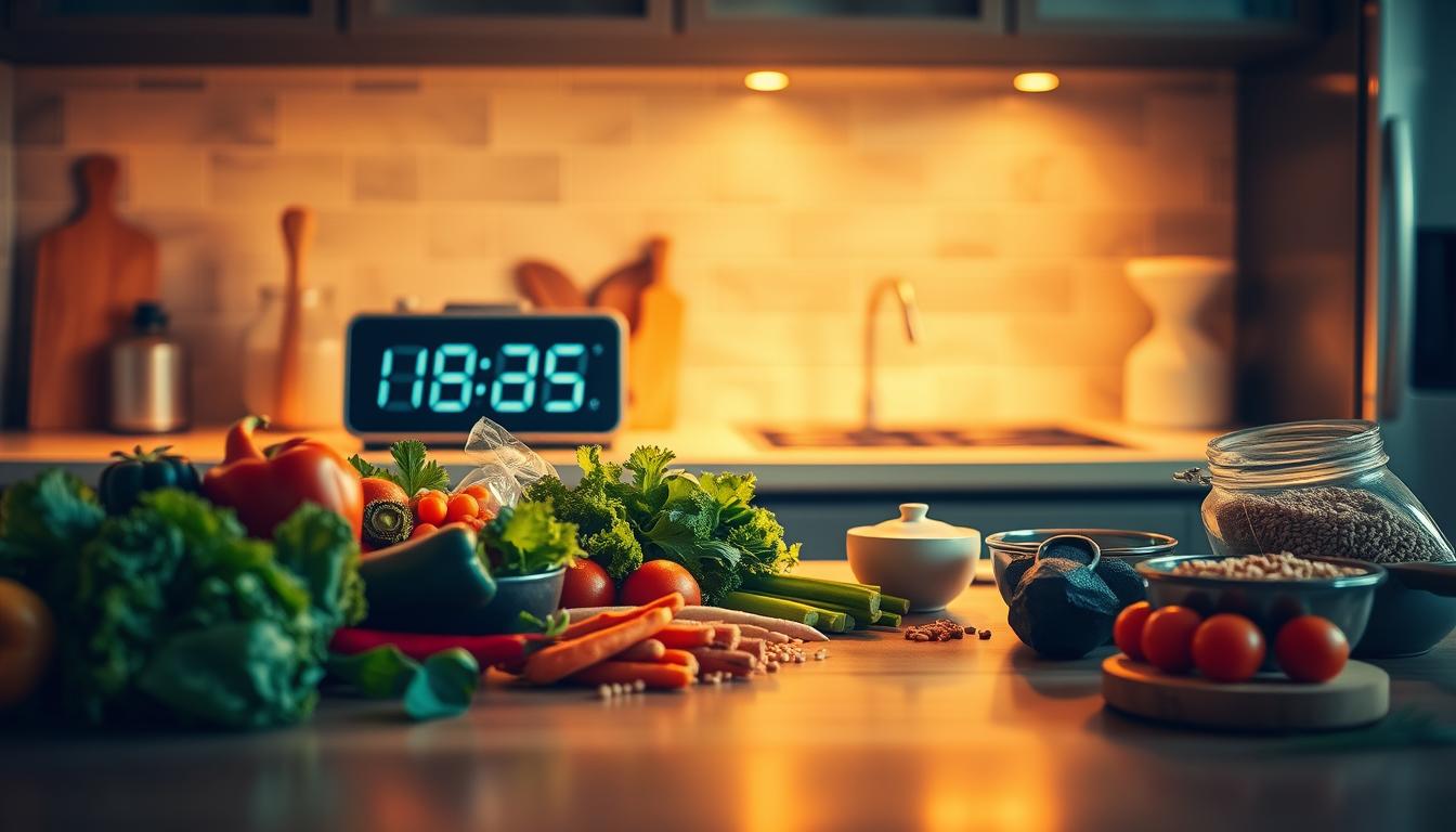 A serene kitchen counter, bathed in warm, golden lighting. On the surface, an array of healthy, wholesome ingredients - fresh vegetables, lean proteins, and whole grains. A digital clock displays the optimal mealtime, encouraging a balanced, metabolically-beneficial eating schedule. The scene exudes a sense of tranquility and intentionality, inviting the viewer to consider the importance of mindful, well-timed nourishment for a healthy, vibrant body.