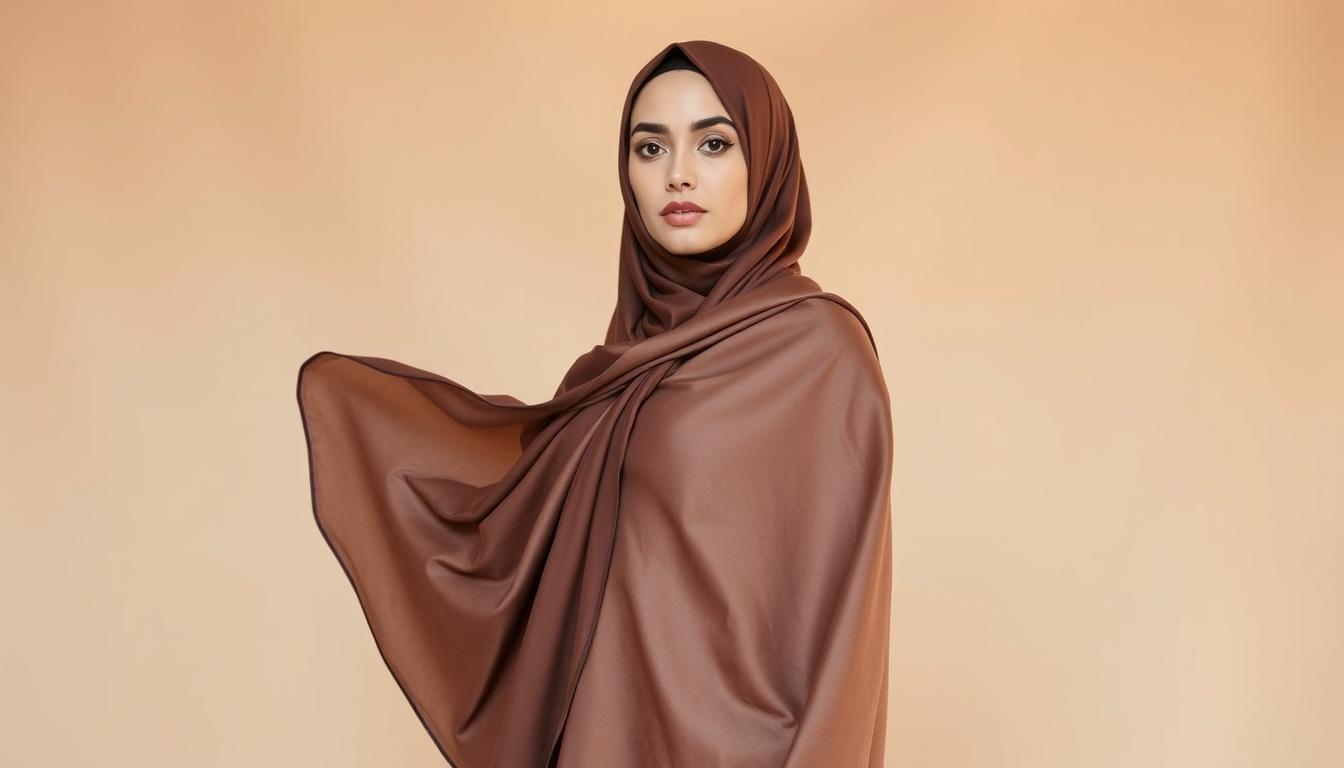 A stylish and contemporary khimar, draped elegantly against a soft, neutral backdrop. The fabric flows gracefully, highlighting its intricate, delicate patterns. The model stands confidently, her serene expression conveying a sense of cultural pride and tradition. Warm, diffused lighting illuminates the scene, creating a serene, contemplative atmosphere. The camera captures the khimar from a mid-level angle, emphasizing its refined silhouette and the model's poise. This image would seamlessly complement the "Event Khimar and Community" section, showcasing the timeless beauty and modern appeal of this iconic Islamic garment.