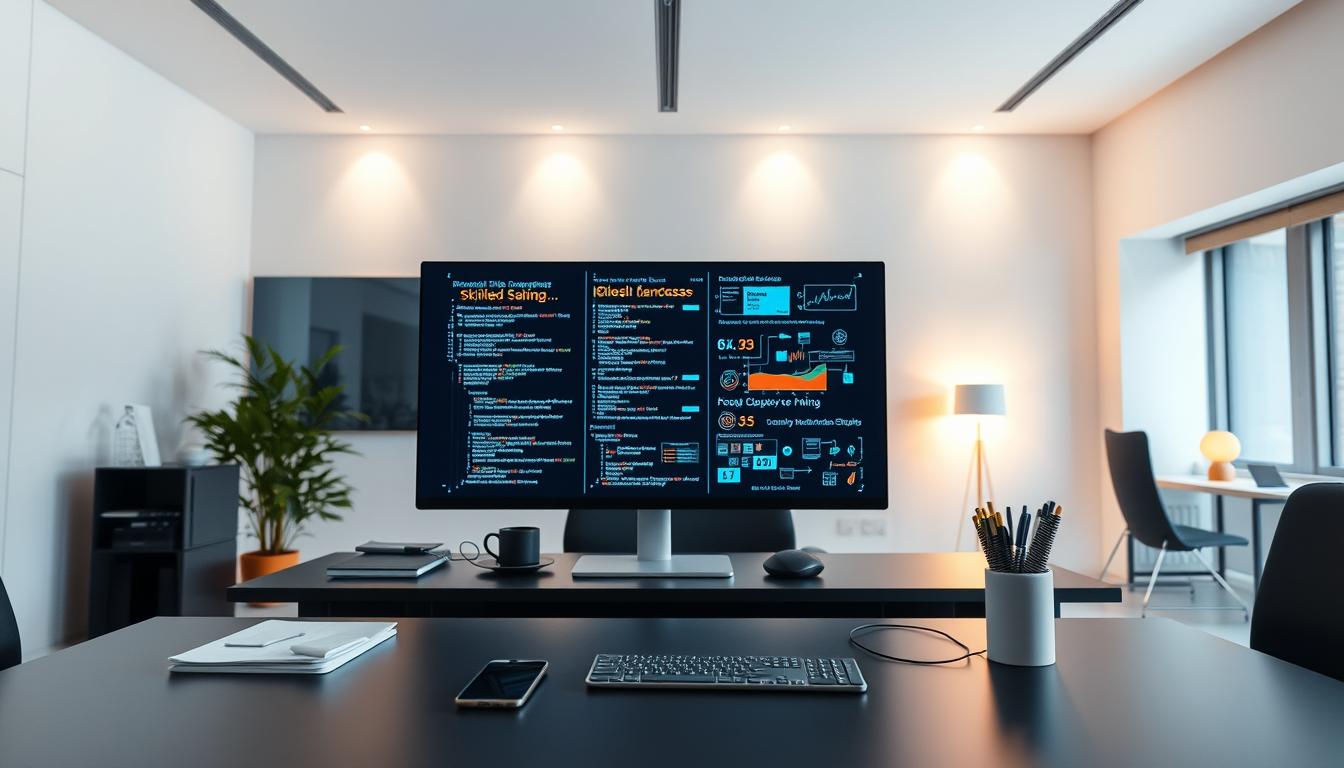 A sleek, modern office environment with a focus on cutting-edge technology. In the foreground, a tidy desk showcases a high-end computer, smartphone, and other essential tech tools. Soft, directional lighting casts a warm glow, creating a productive and professional atmosphere. In the middle ground, a large display screen depicts various programming languages, algorithms, and data visualizations, representing the core skills of a skilled programmer. The background features minimalist, geometric architecture with clean lines and neutral tones, emphasizing the importance of technology and innovation. The overall scene conveys the prioritization of valuable tech expertise and its direct correlation to earning potential.