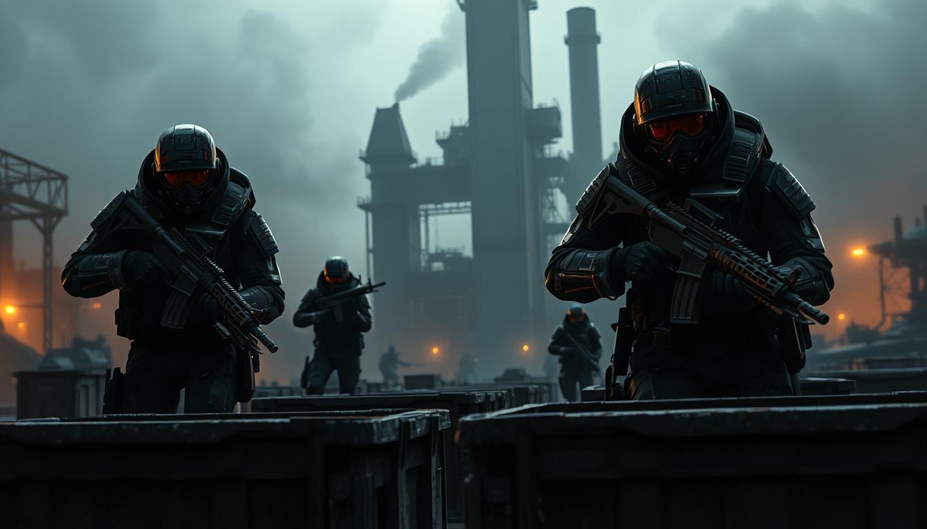 A tense, high-stakes sci-fi extraction scene: A squad of heavily armed Arc Raiders operatives navigates a gritty, industrial landscape, their suits and weapons bathed in dramatic shadows and highlights. In the foreground, two raiders take cover behind crates, rifles at the ready, their expressions focused and intense. The middle ground features the looming presence of a massive, abandoned factory complex, its towering, angular structures casting ominous silhouettes. The background is shrouded in an eerie, atmospheric haze, hinting at the dangers that lurk within. The lighting is dramatic, with harsh, directional illumination creating a moody, cinematic atmosphere. The overall mood is one of high-stakes tension and risk, befitting the &quot;tense and risky PvPvE loop&quot; of the Arc Raiders extraction gameplay.