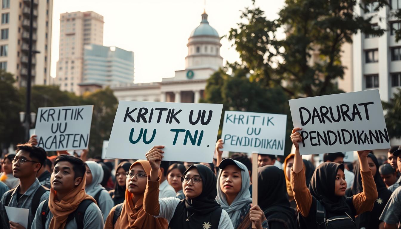 A peaceful protest scene in a city square, with a group of students holding signs that read &quot;Kritik UU TNI&quot; and &quot;Darurat Pendidikan.&quot; The protesters are standing in the foreground, their faces filled with determination, while in the background, a government building stands tall, suggesting the focus of their criticism. The lighting is soft and natural, casting a warm glow over the scene. The composition is balanced, with the protesters and the building framed by the surrounding urban landscape. The mood is one of civic engagement and a desire for positive change.